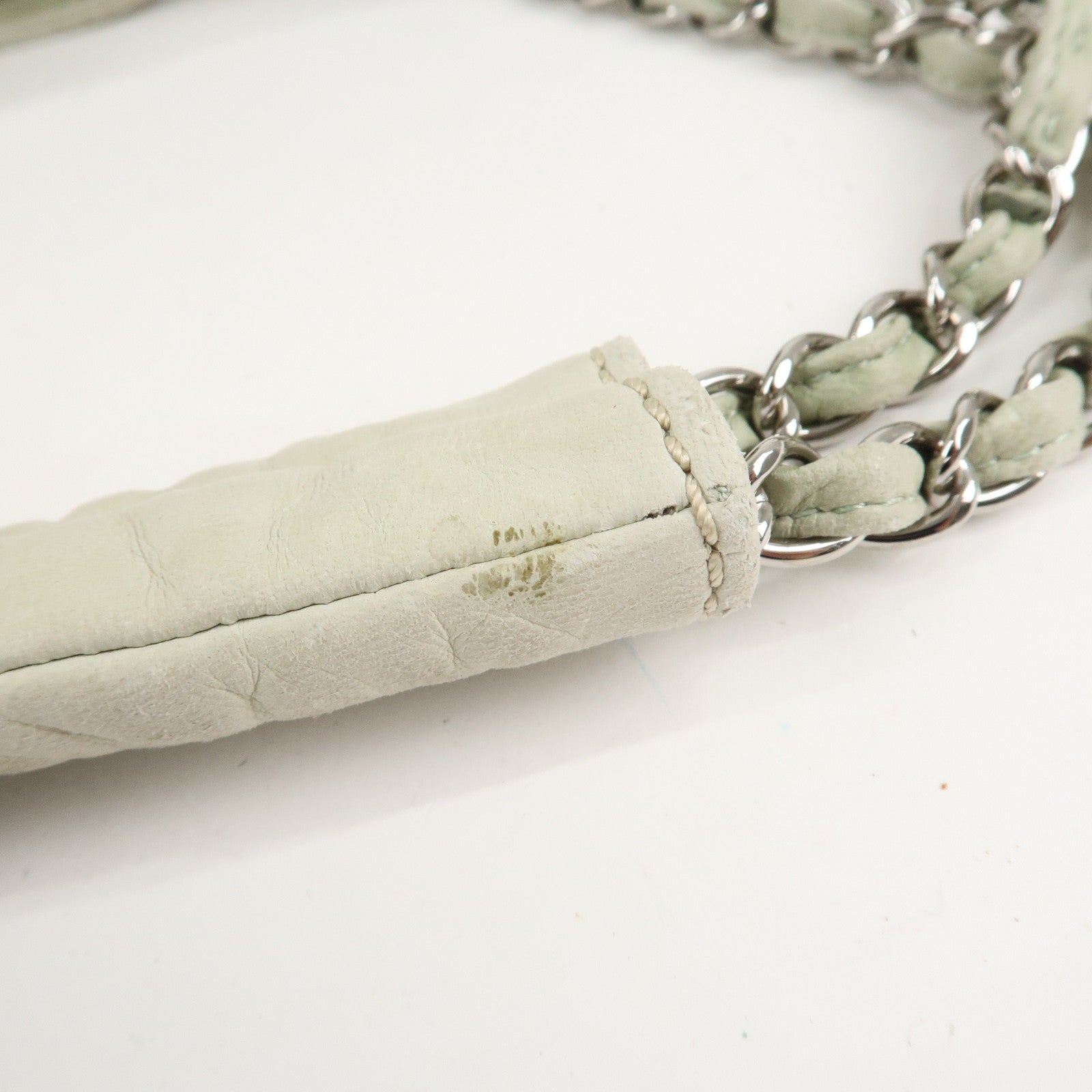 CHANEL Cotton Leather Chain Shoulder Bag Ivory Light Green Used
