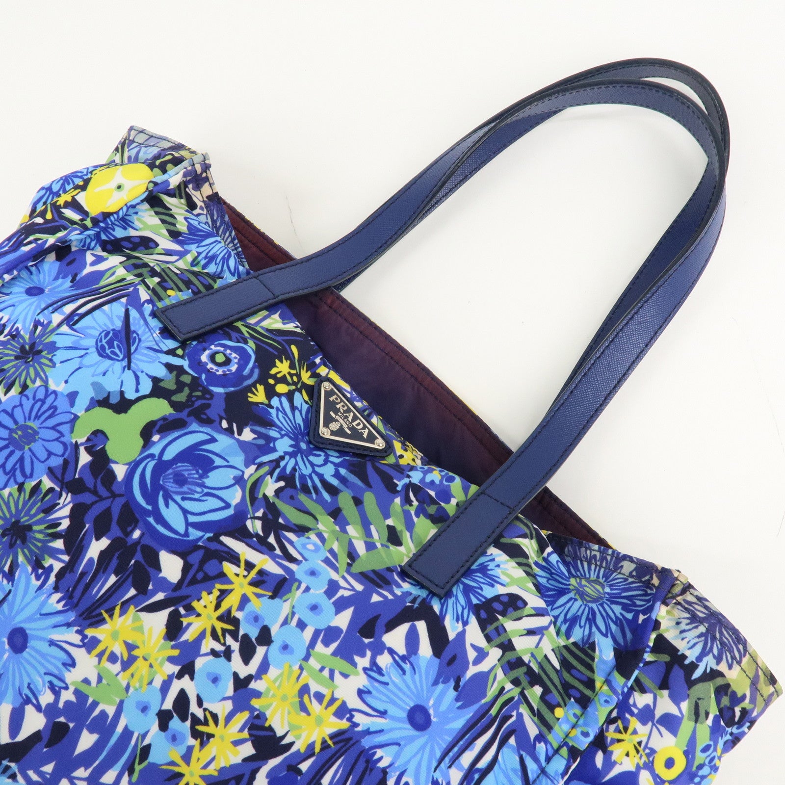 PRADA Logo Nylon Leather Tote Bag Floral Print Blue BN2851 Used