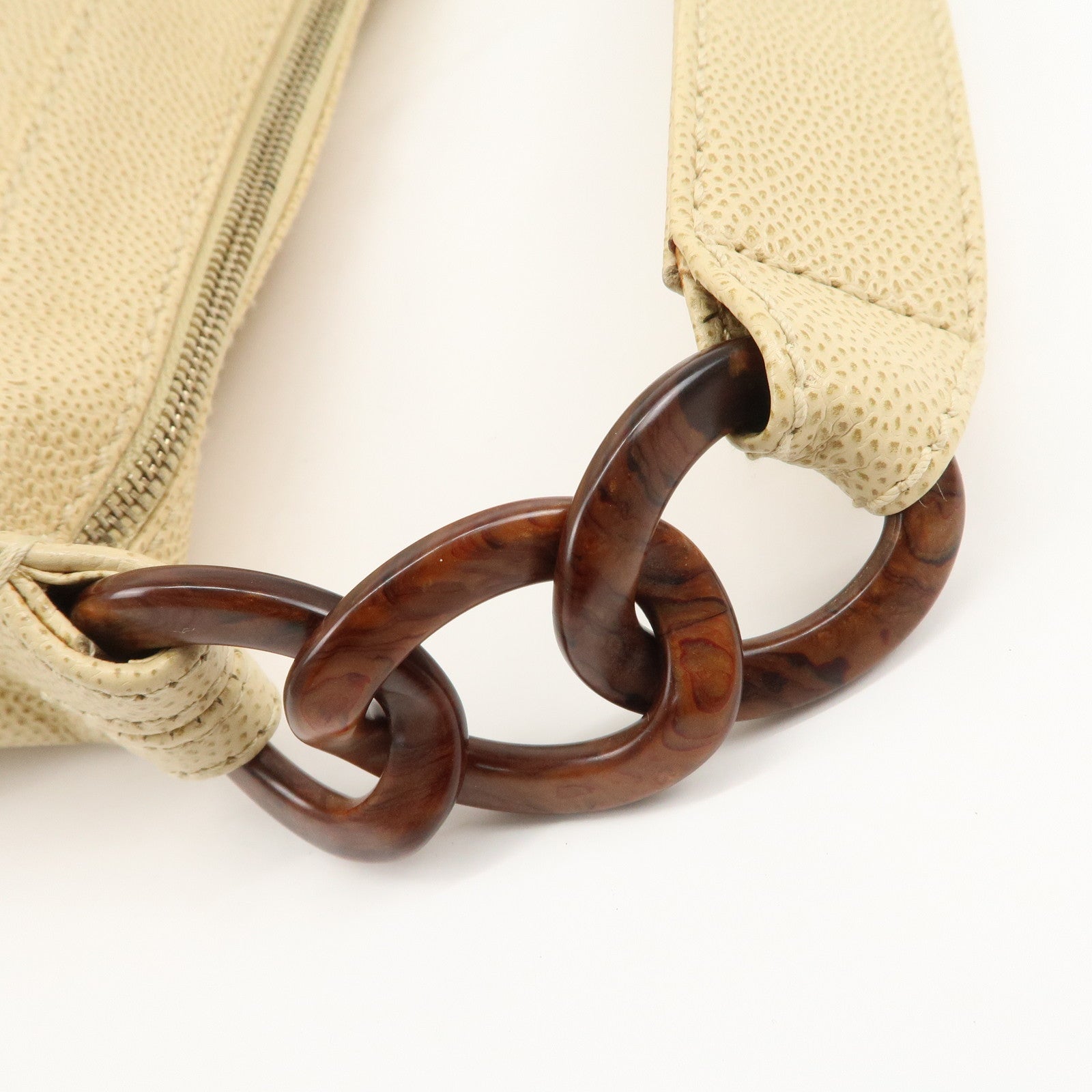 CHANEL Caviar Skin COCO Mark Wood Chain Shoulder Bag Beige Used