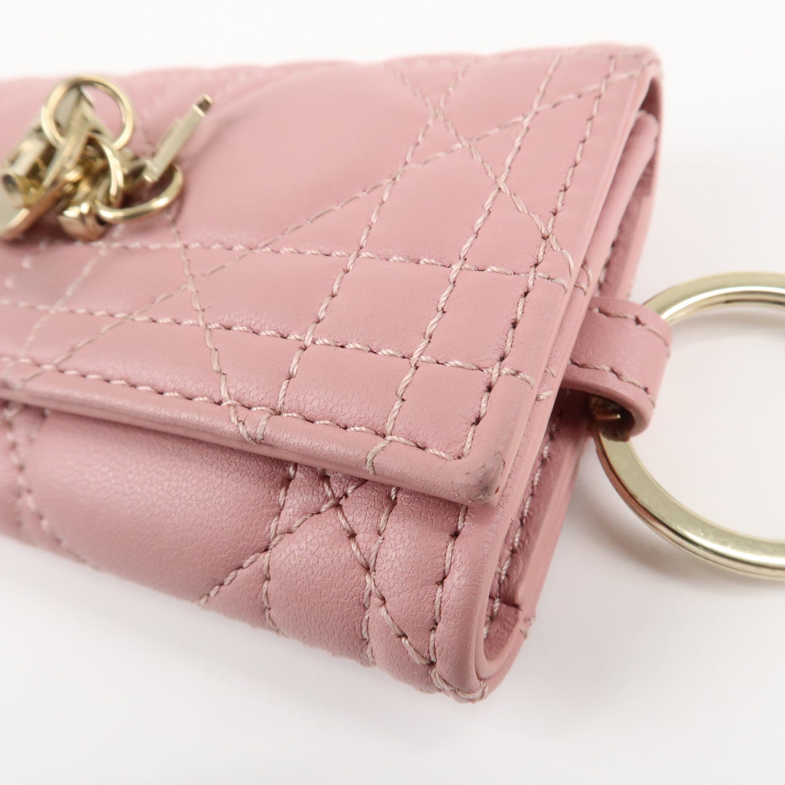 Christian Dior Cannage Leather 4 Key Case Key Chain Pink Used