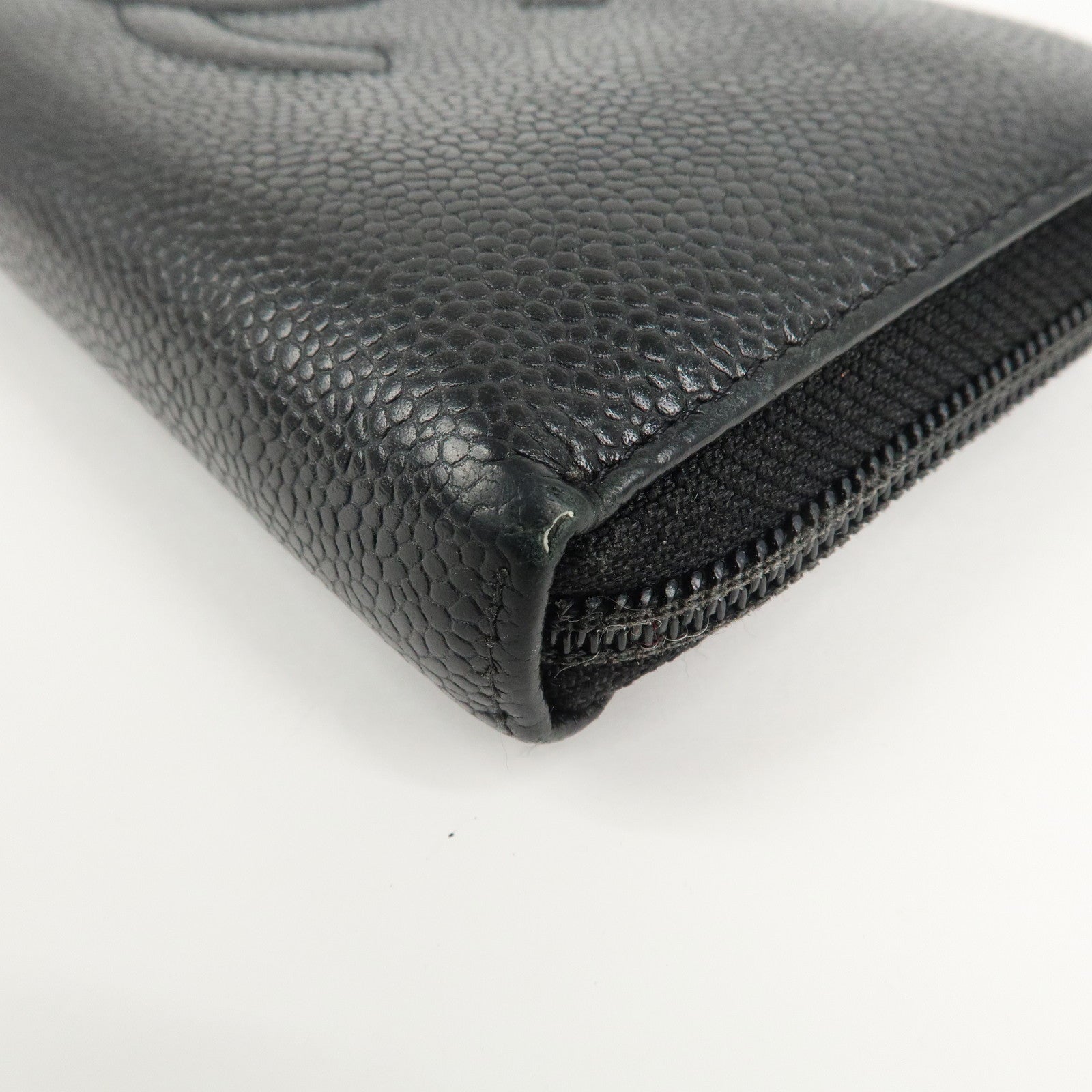 CHANEL Caviar Skin Zip Around Long Wallet Black A50071 Used
