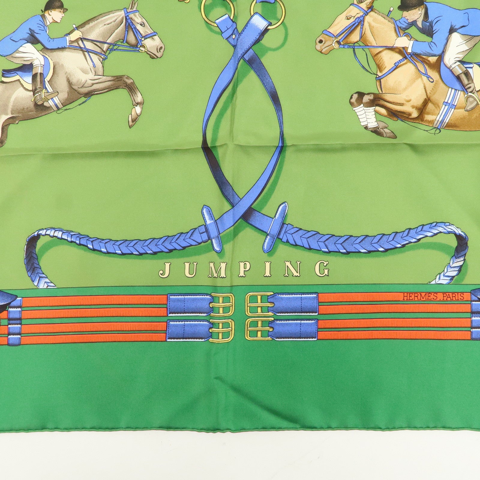 HERMES Carre 90 100% Silk Scarf JUMPING Riding Horse Green Used