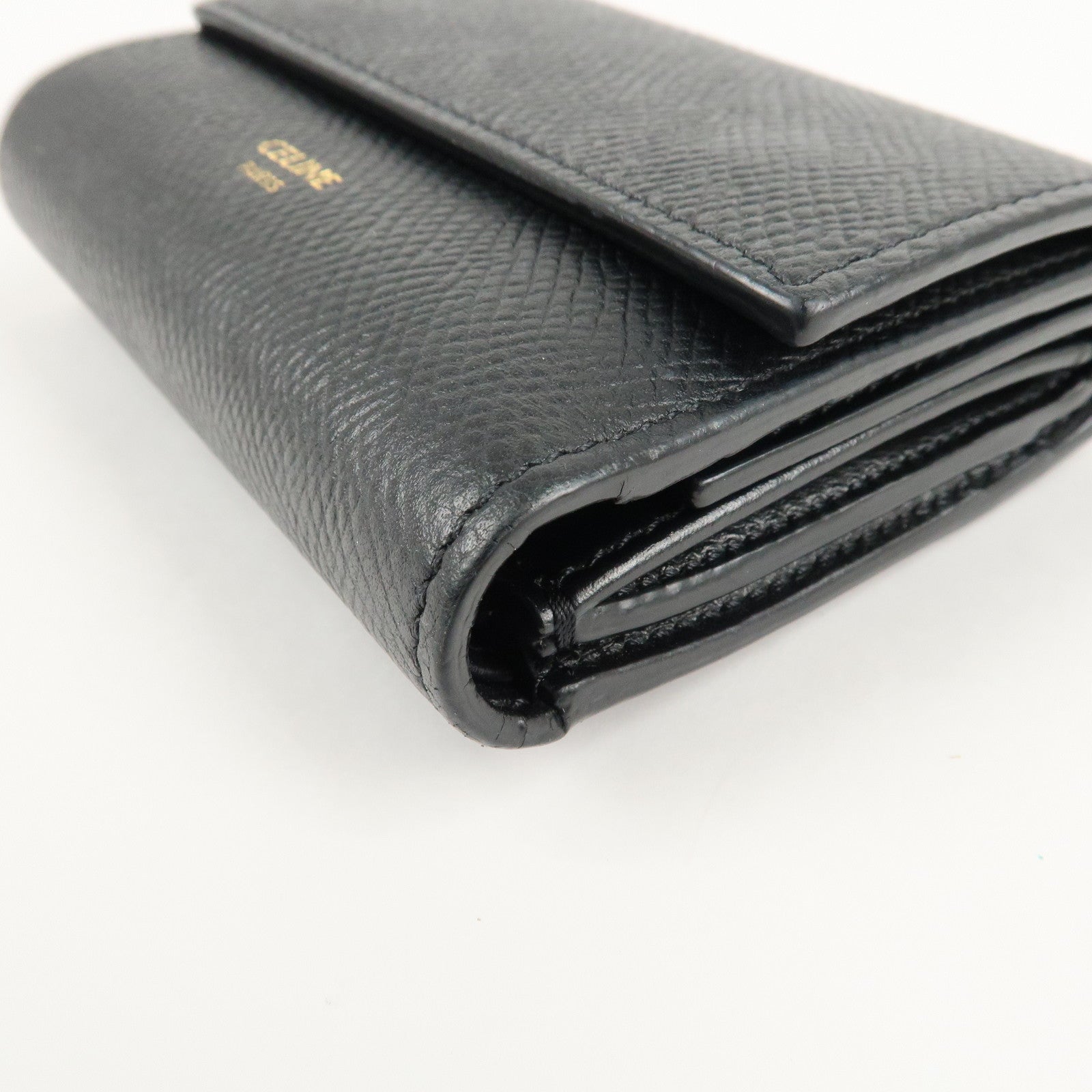 CELINE Logo Leather Small Tri-fold Wallet Black Used