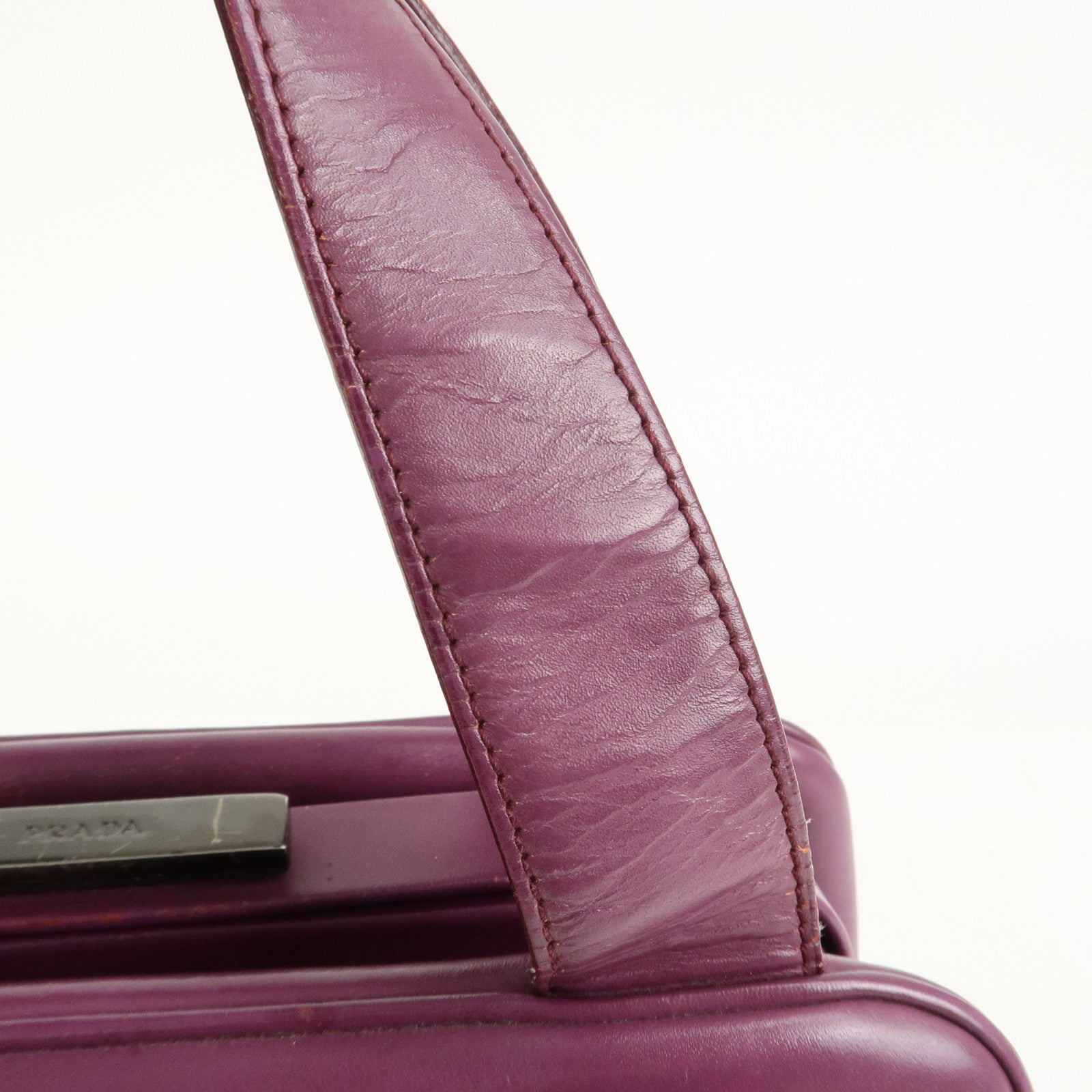 PRADA Leather Tote Bag Hand Bag Purple Antique Black HDW Used