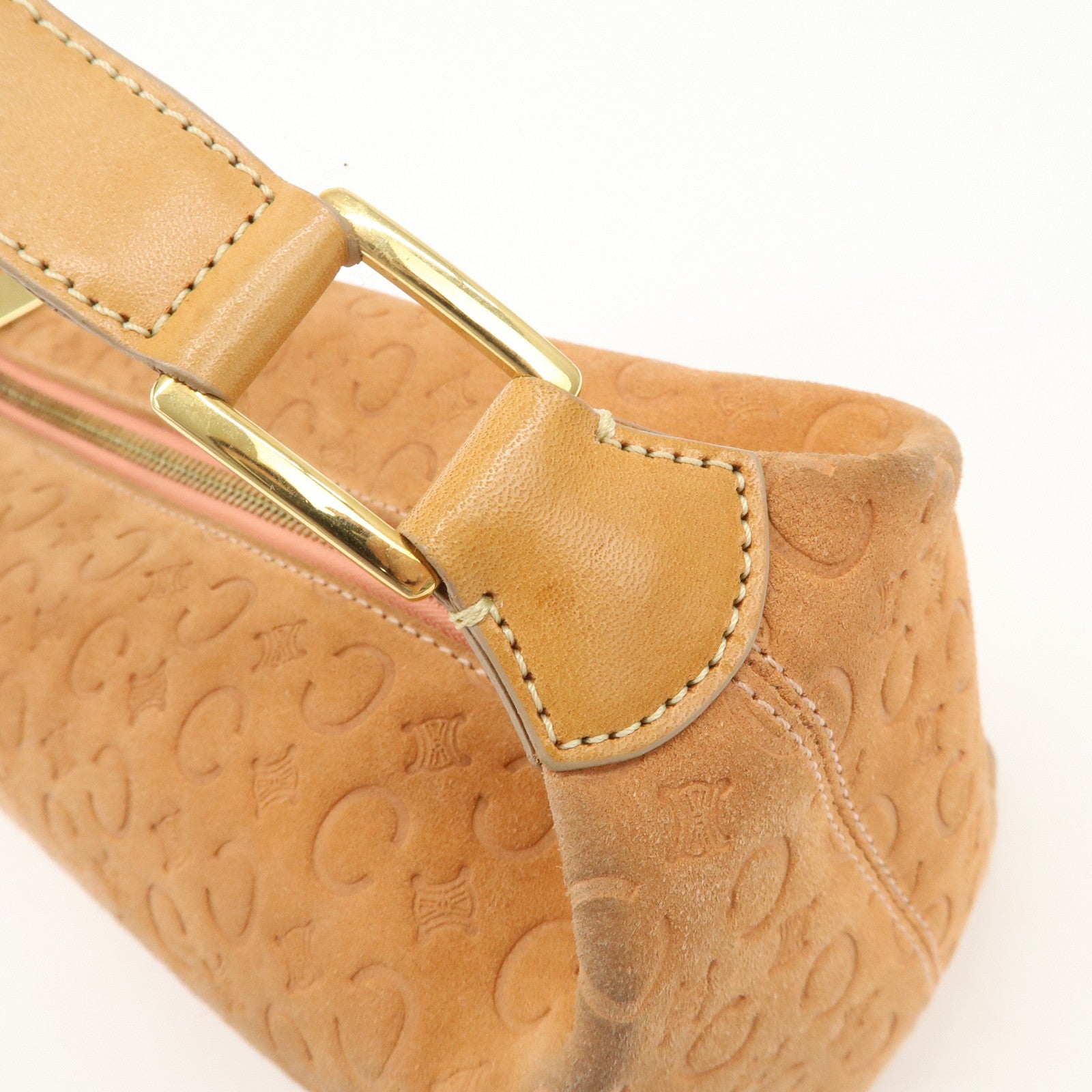 CELINE C Macadam Suede Leather Shoulder Bag Pink Beige Used