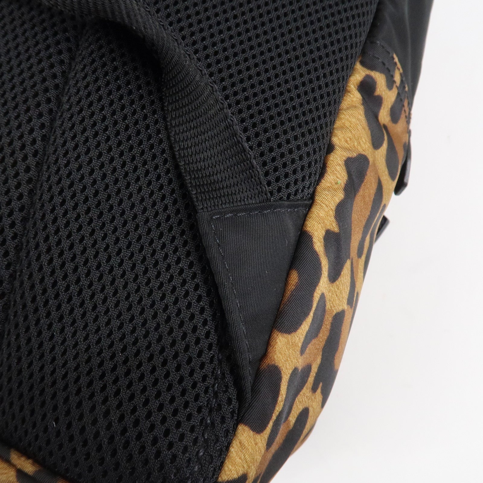 PRADA Leopard Nylon Leather Rucksack Black Brown 1BZ001 Used