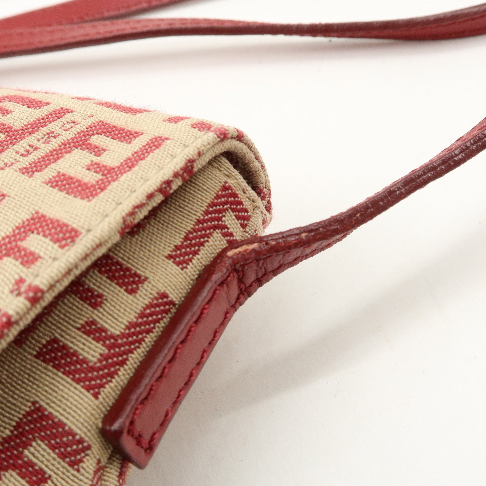 FENDI Zucchino Canvas Leather Shoulder Bag Beige Red 8BT075 Used