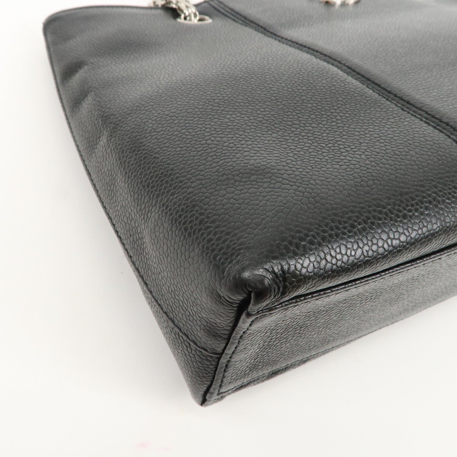 CHANEL Caviar Skin Chain Tote Bag Shoulder Black Silver HDW Used