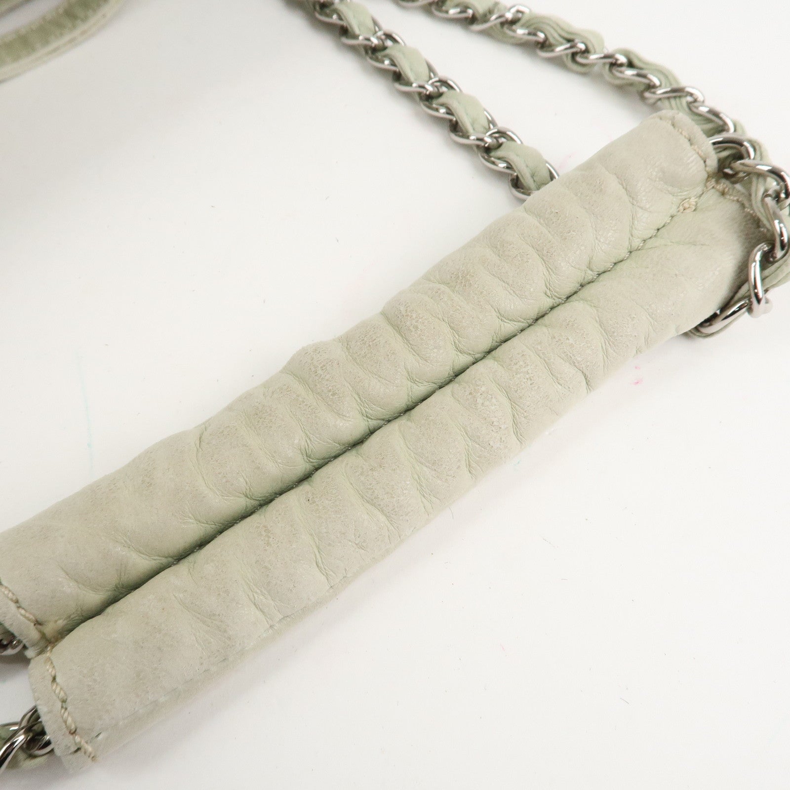 CHANEL Cotton Leather Chain Shoulder Bag Ivory Light Green Used