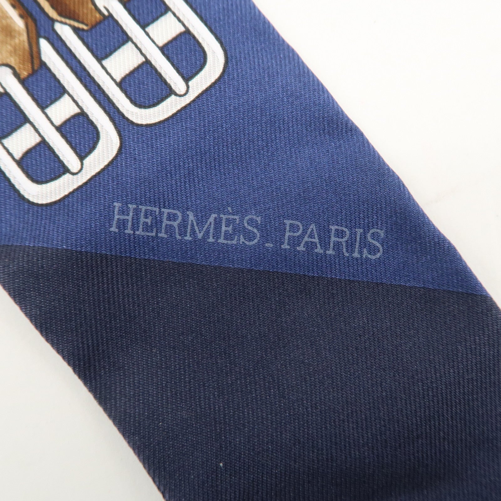 HERMES 100% Silk Twilly Scarf Jumping Navy Yellow Brown Used