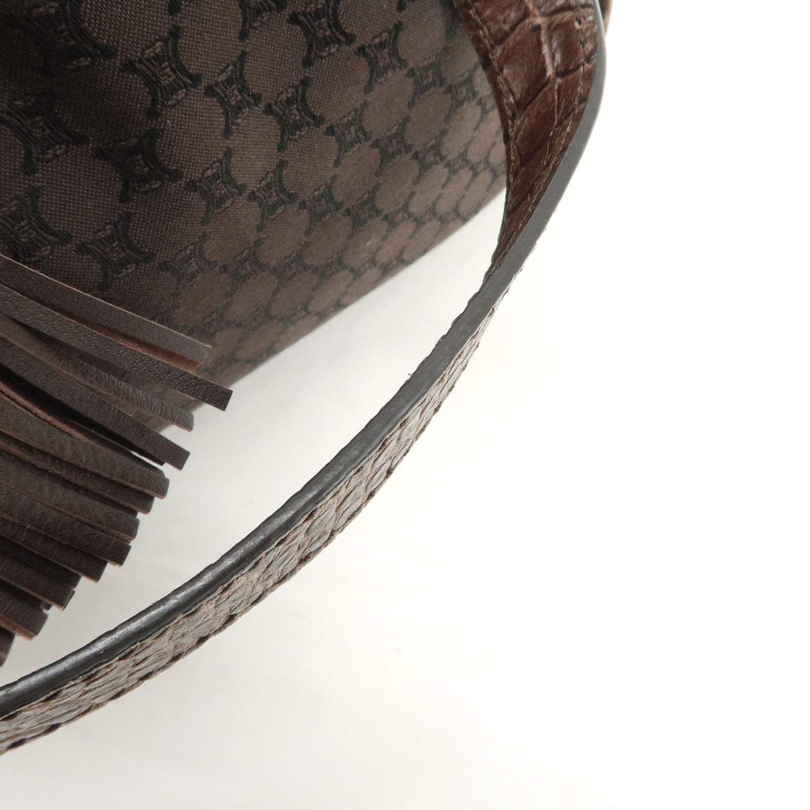 CELINE Macadam Canvas Leather Shoulder Bag Fringe Brown Used