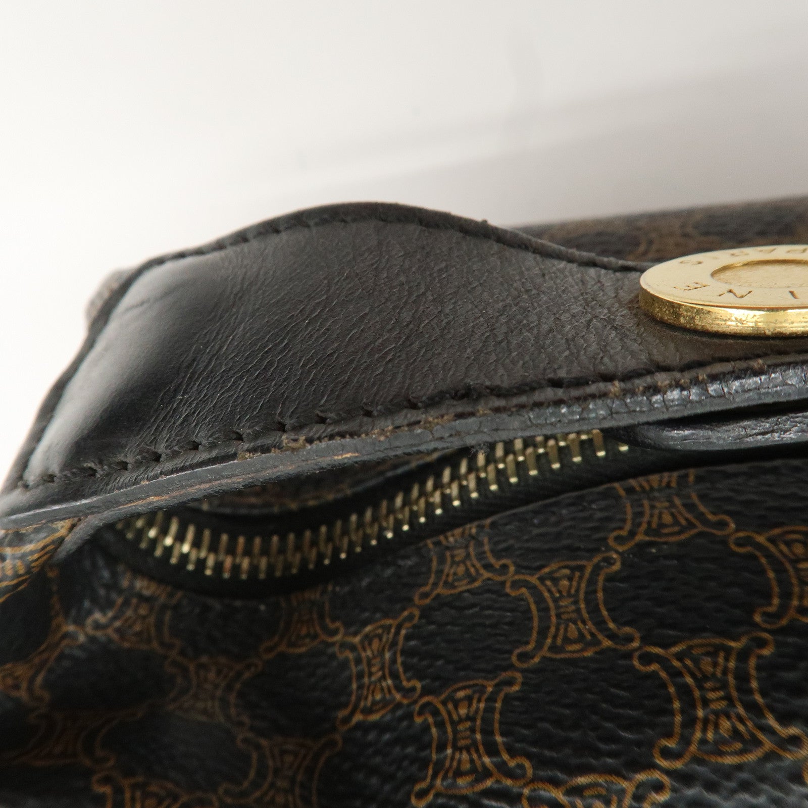 CELINE Macadam PVC Leather Hand Bag Black Brown Used