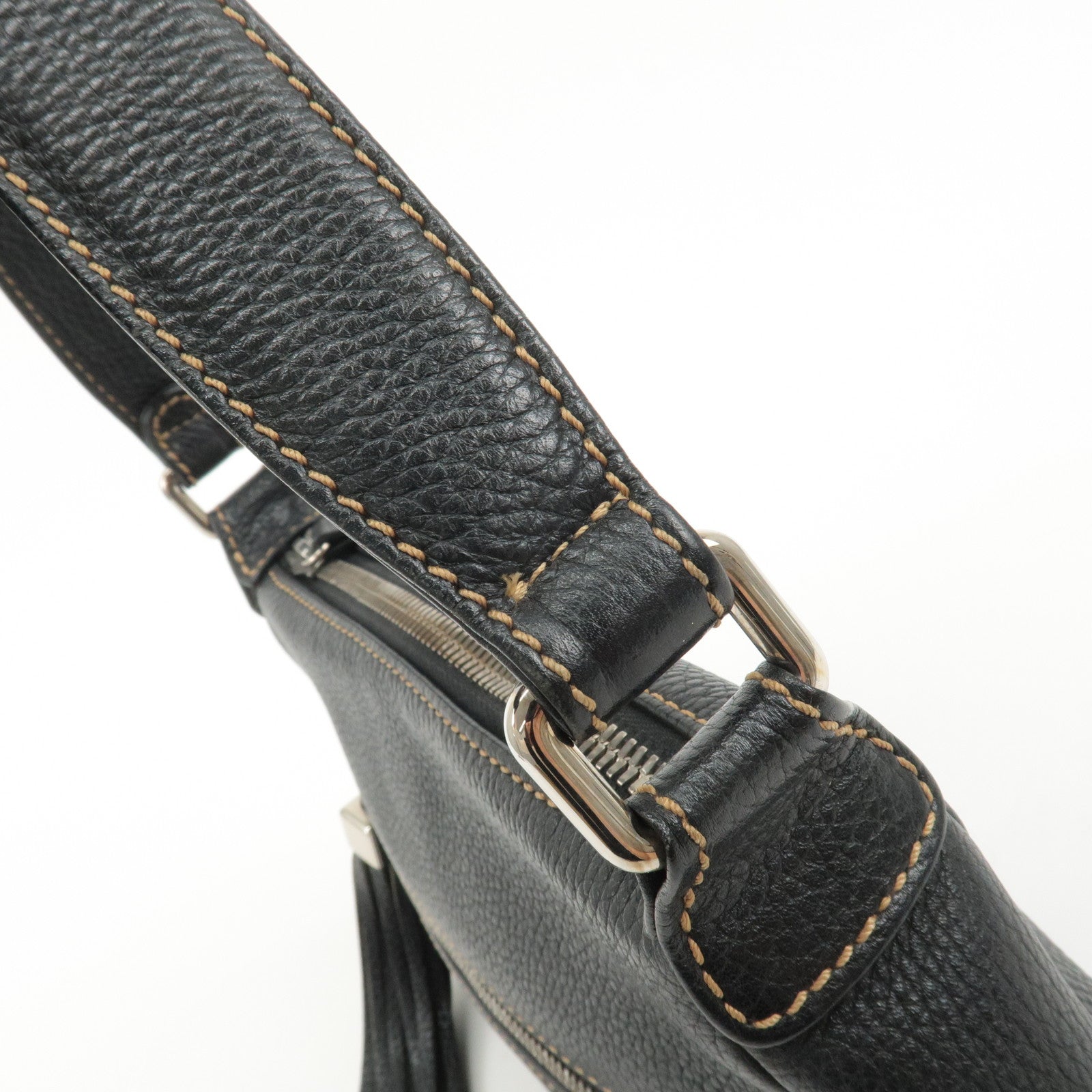 CHANEL Leather Shoulder Bag Black Silver Used