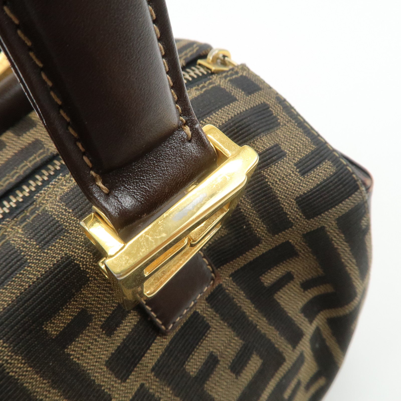 FENDI Zucca Canvas Leather Hand Bag Brown Black Used