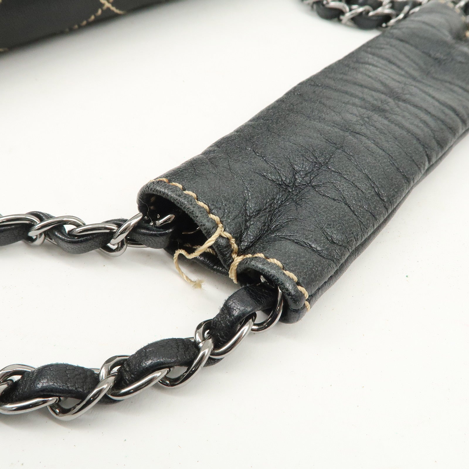 CHANEL COCO Mark Wild Stitch Lamb Skin Chain Shoulder Bag Black Used