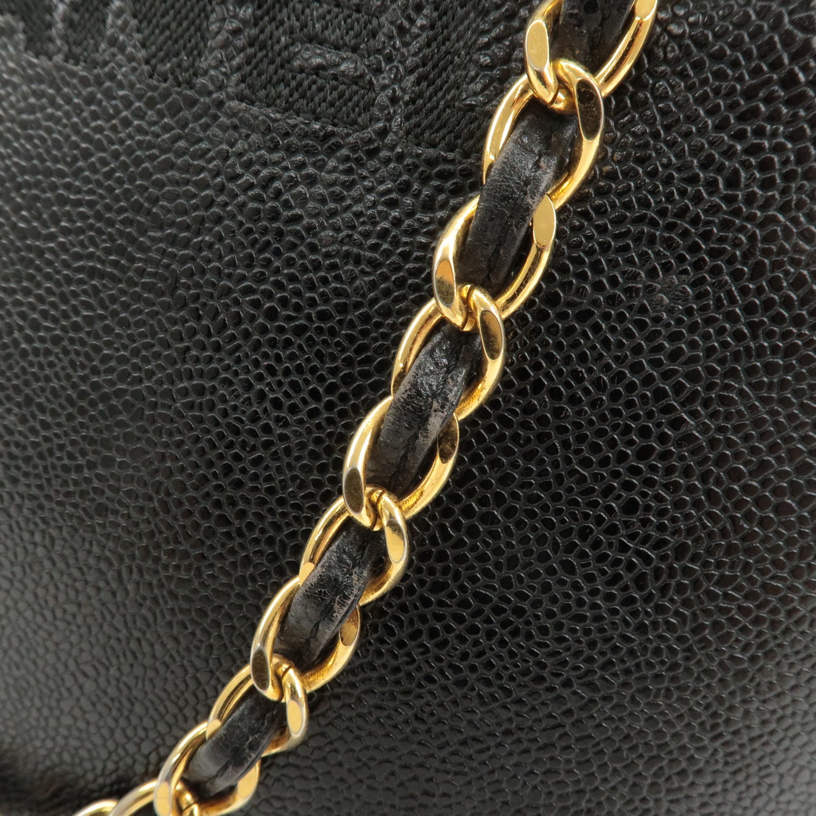CHANEL Caviar Skin Chain Tote Bag Black Gold Used