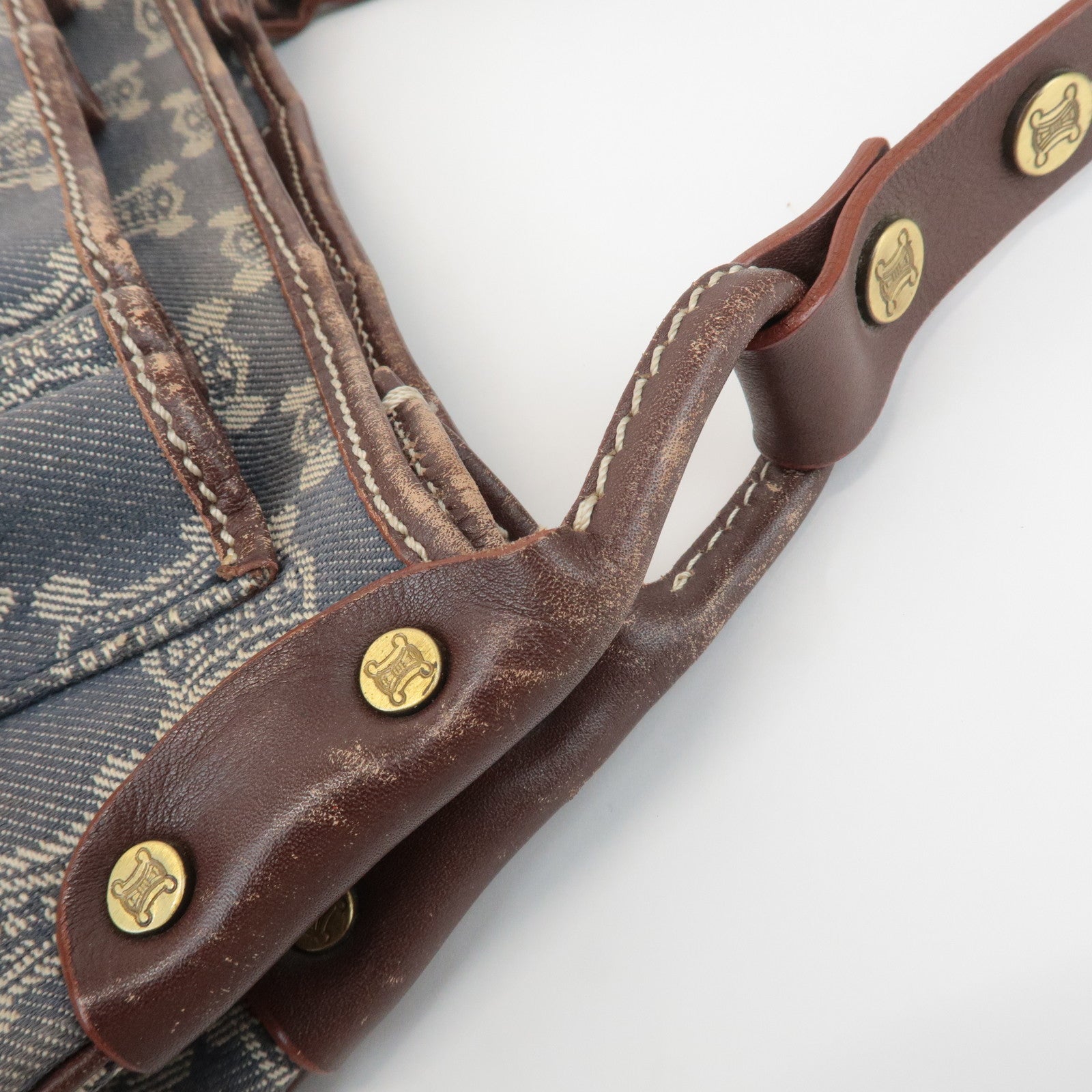 CELINE Macadam Denim Leather Shoulder Bag Blue Brown Used