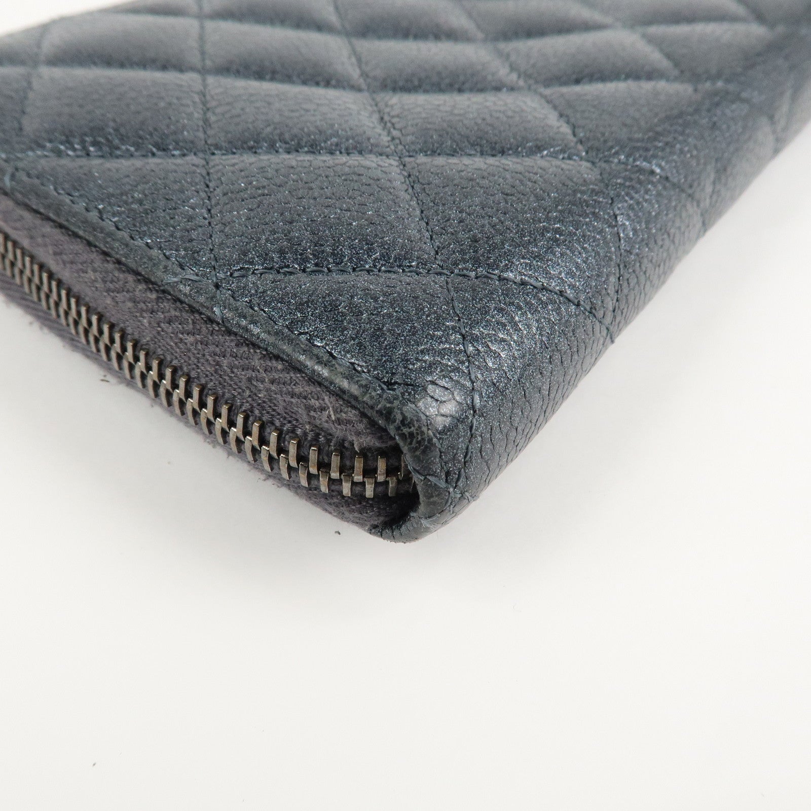 CHANEL Matelasse Caviar Skin Zip Around Long Wallet Metal Blue Used
