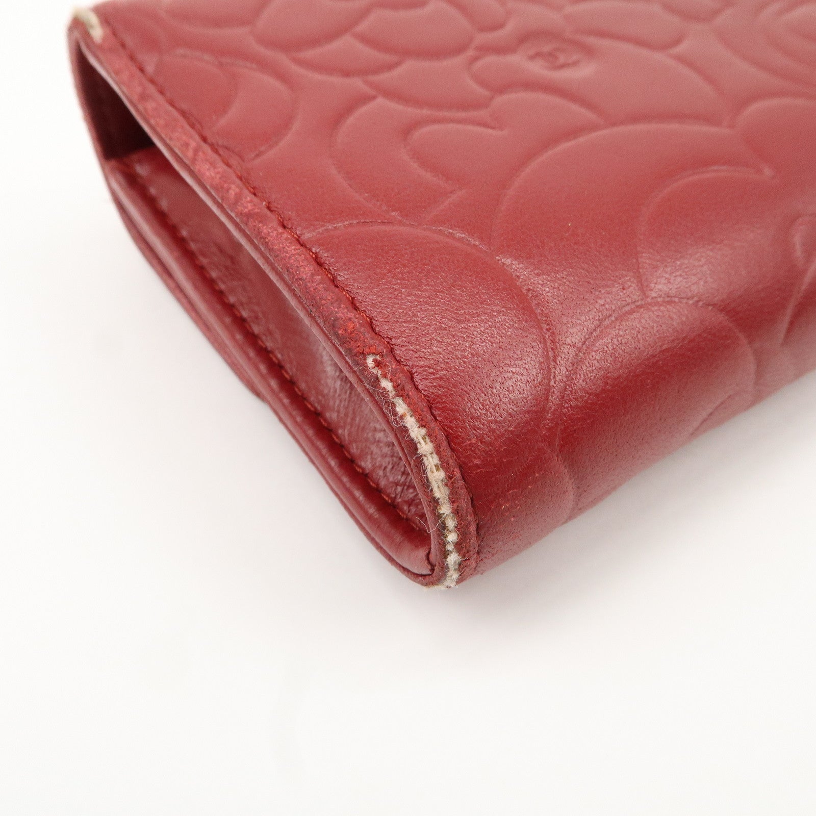 CHANEL Camelia Lamb Skin Bi-fold Long Wallet Red Used