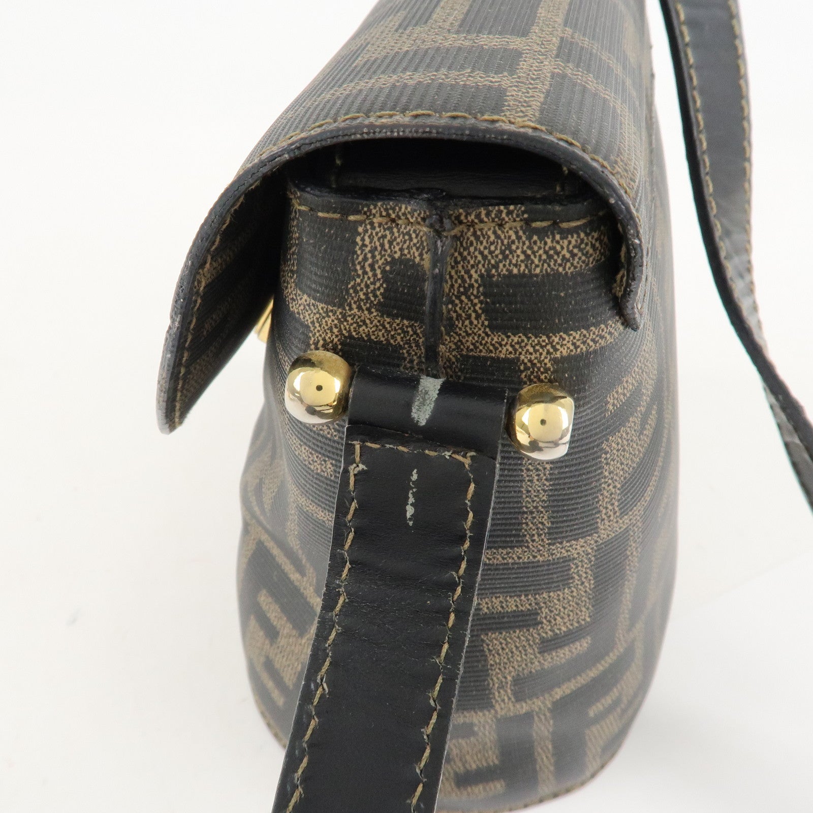 FENDI Zucca Logo Print PVC Leather Shoulder Bag Black Brown Used