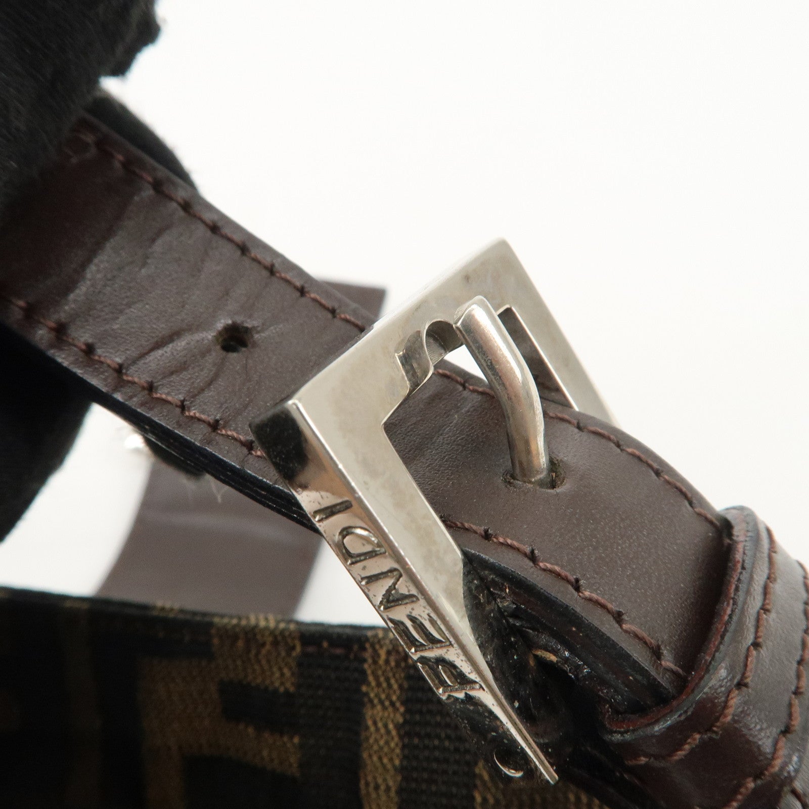 FENDI Zucca Canvas Leather Hand Bag Brown Black Used