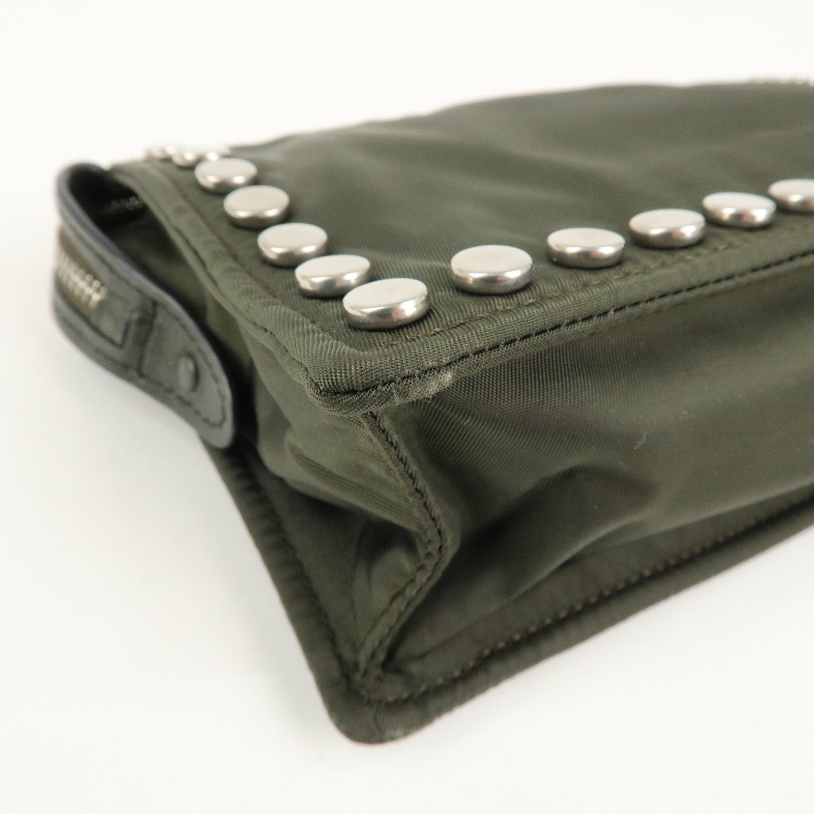 PRADA Tessuto Travel Pouch Studs Military Silver HDW Used