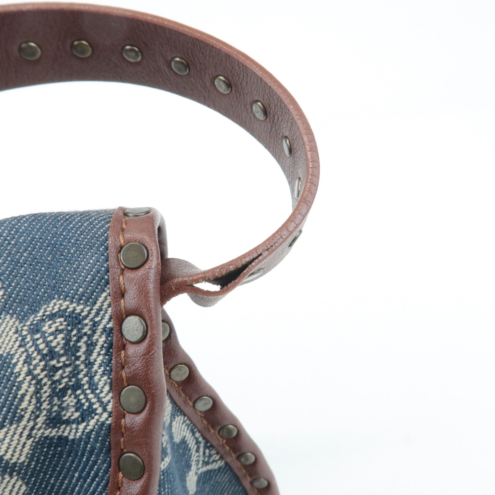 CELINE Macadam Denim Leather Shoulder Bag Blue Brown Used