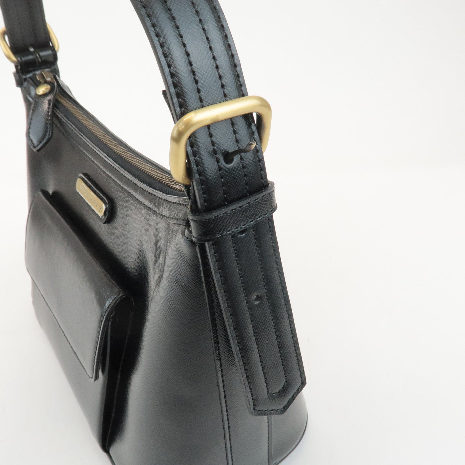 BURBERRY Leather Shoulder Bag Hand Bag Black Gold Hardware Used