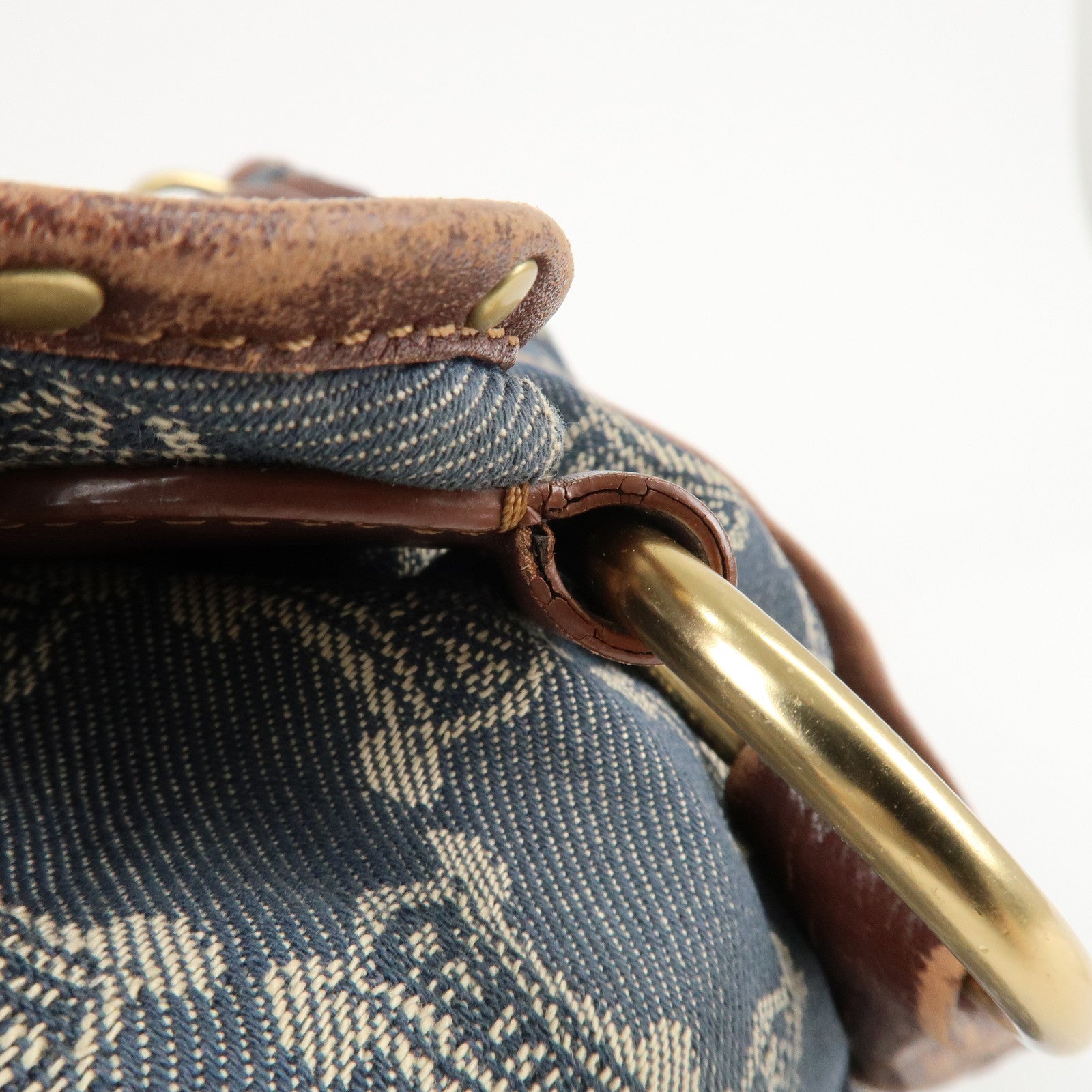 CELINE Macadam Denim Leather Bittersweet Shoudler Bag Navy Brown Used