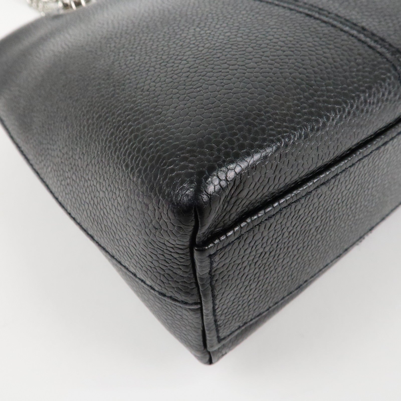 CHANEL Caviar Skin Chain Tote Bag Black Silver Hardware Used
