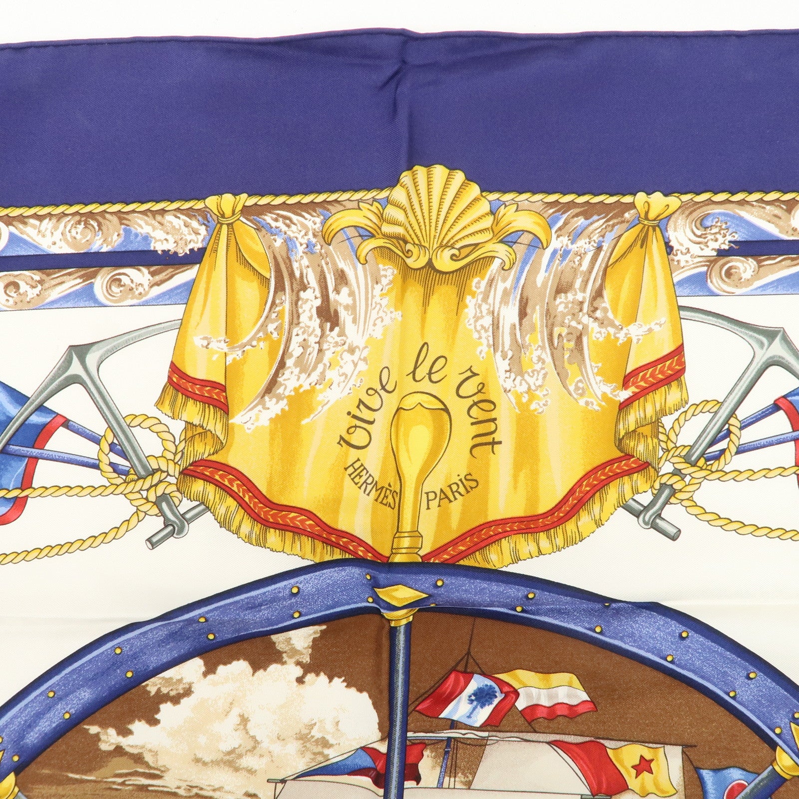 HERMES Carre 90 Silk 100% Scarf Vive levent Navy White Gold Used