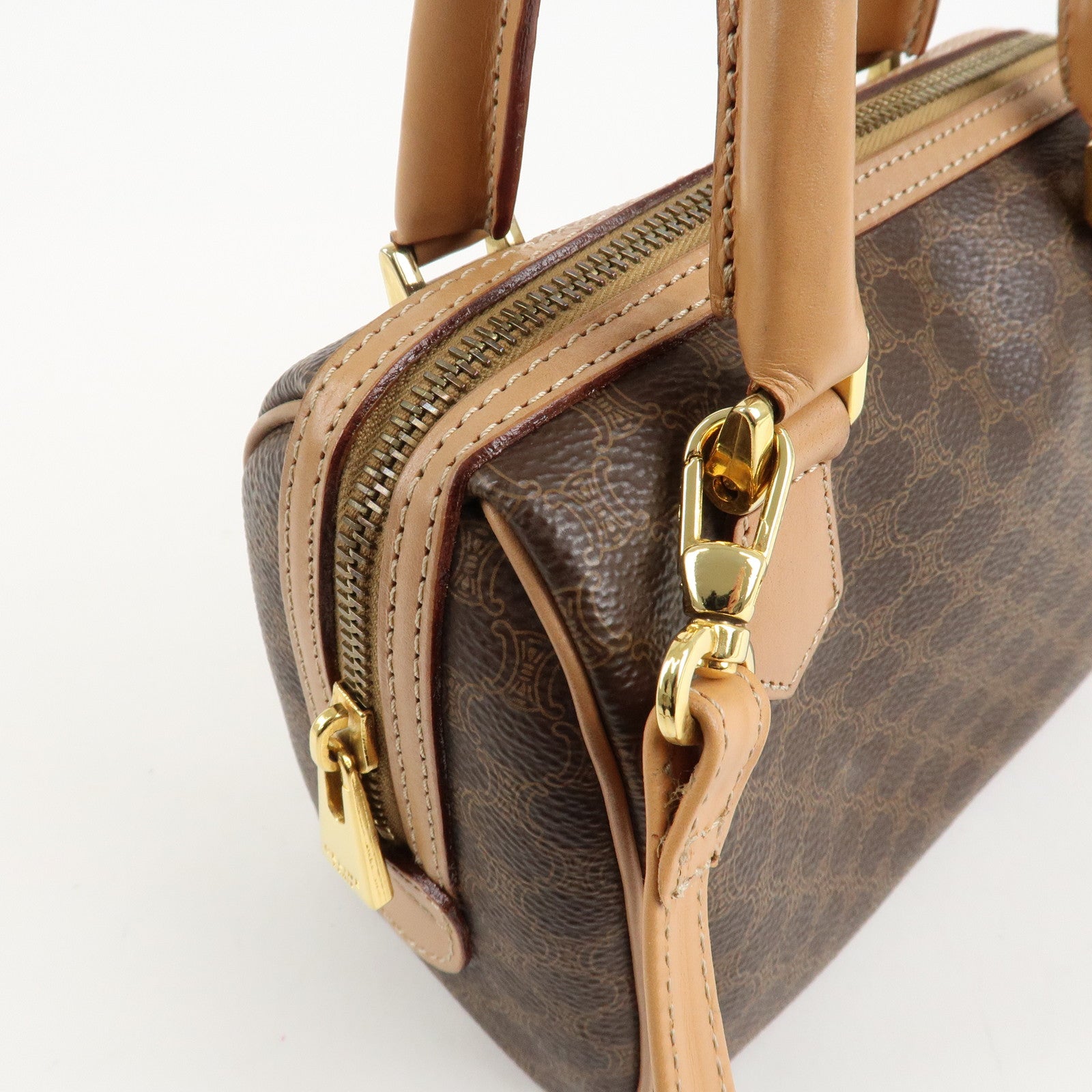 CELINE Macadam PVC Leather 2 Way Boston Bag Hand Bag Brown Used