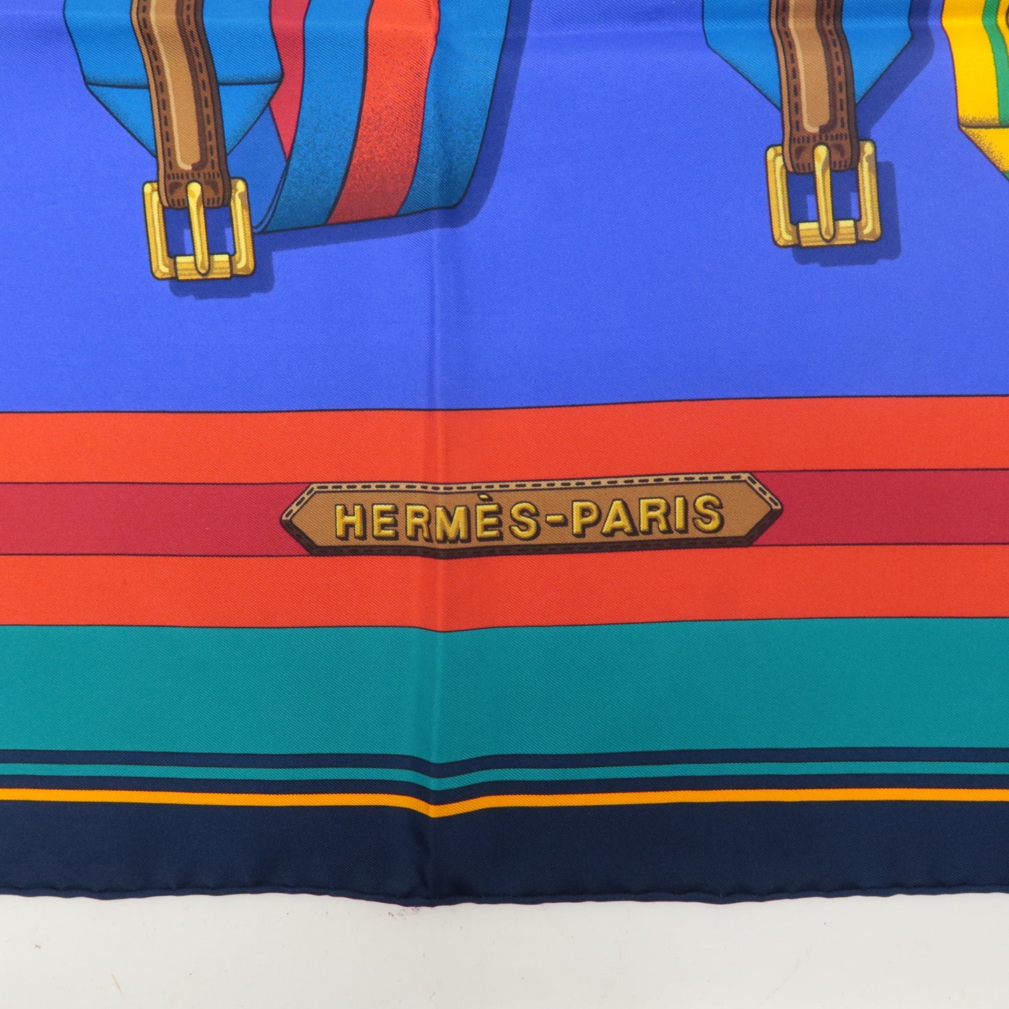 HERMES Carre 90 100% Silk Scarf Les Sangles Blue Green Yellow Red