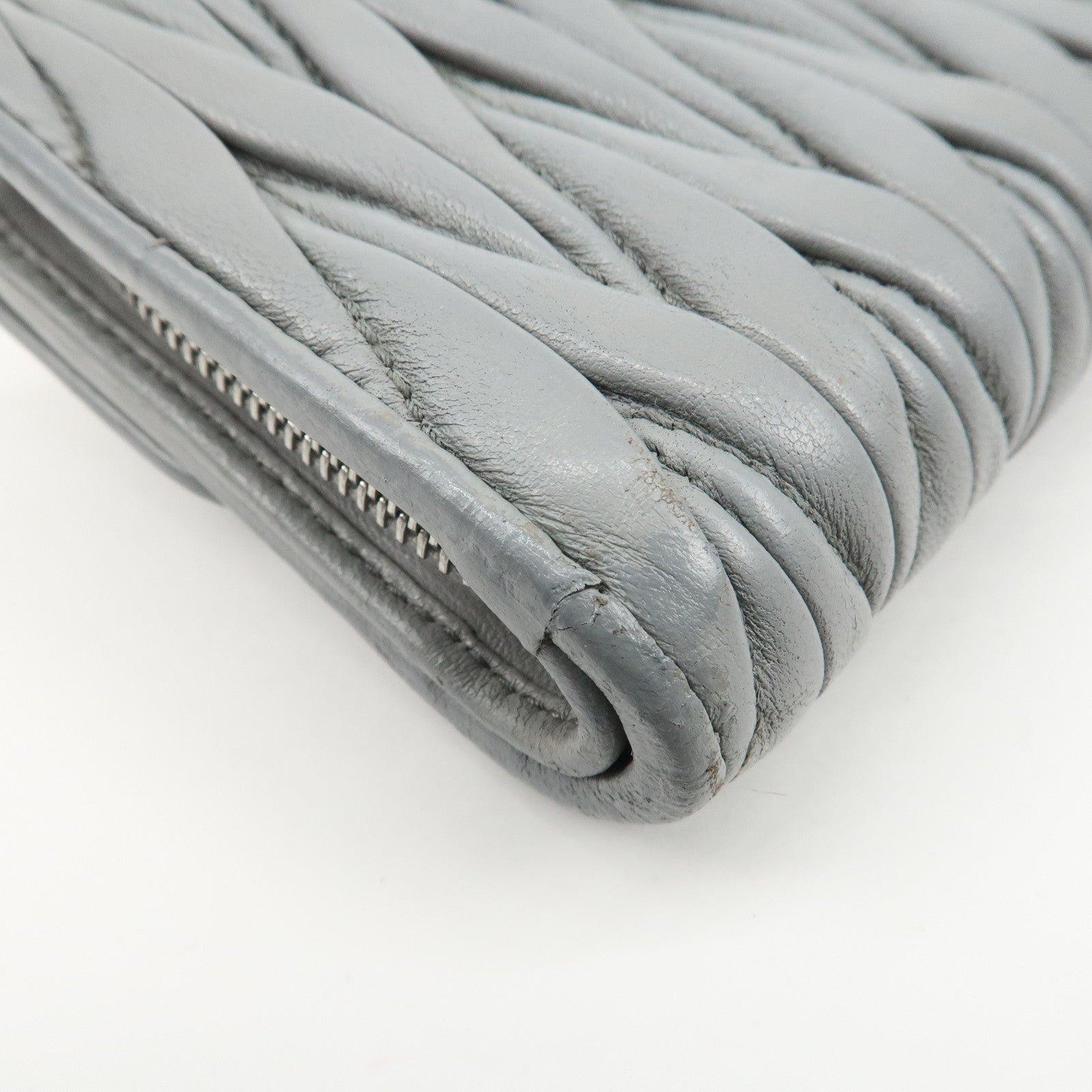 MIU MIU Matelasse Leather Bijoux Studs Tri-fold Wallet Gray Used