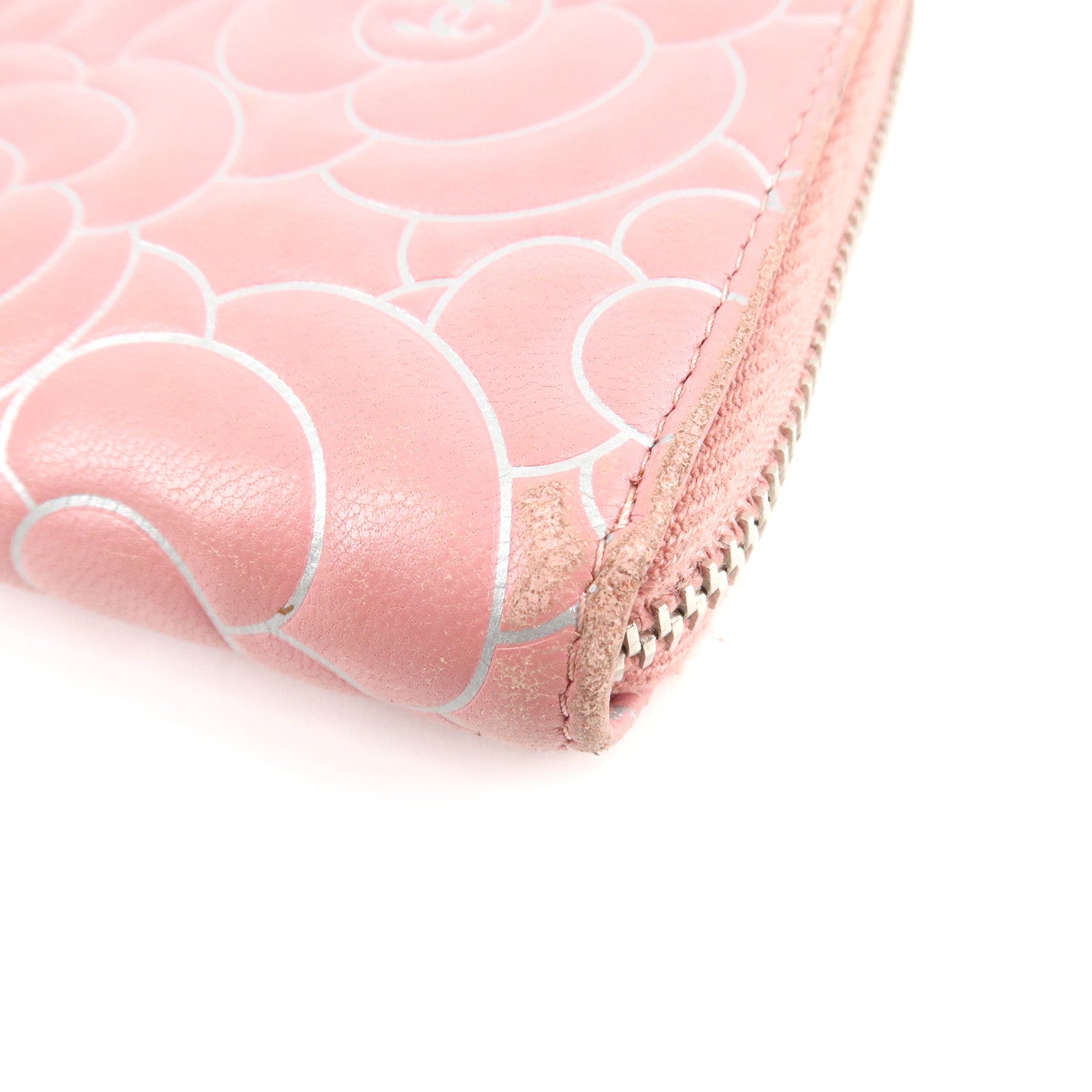 CHANEL Camellia Lamb Skin Long Zippy Wallet Pink A50085 Used