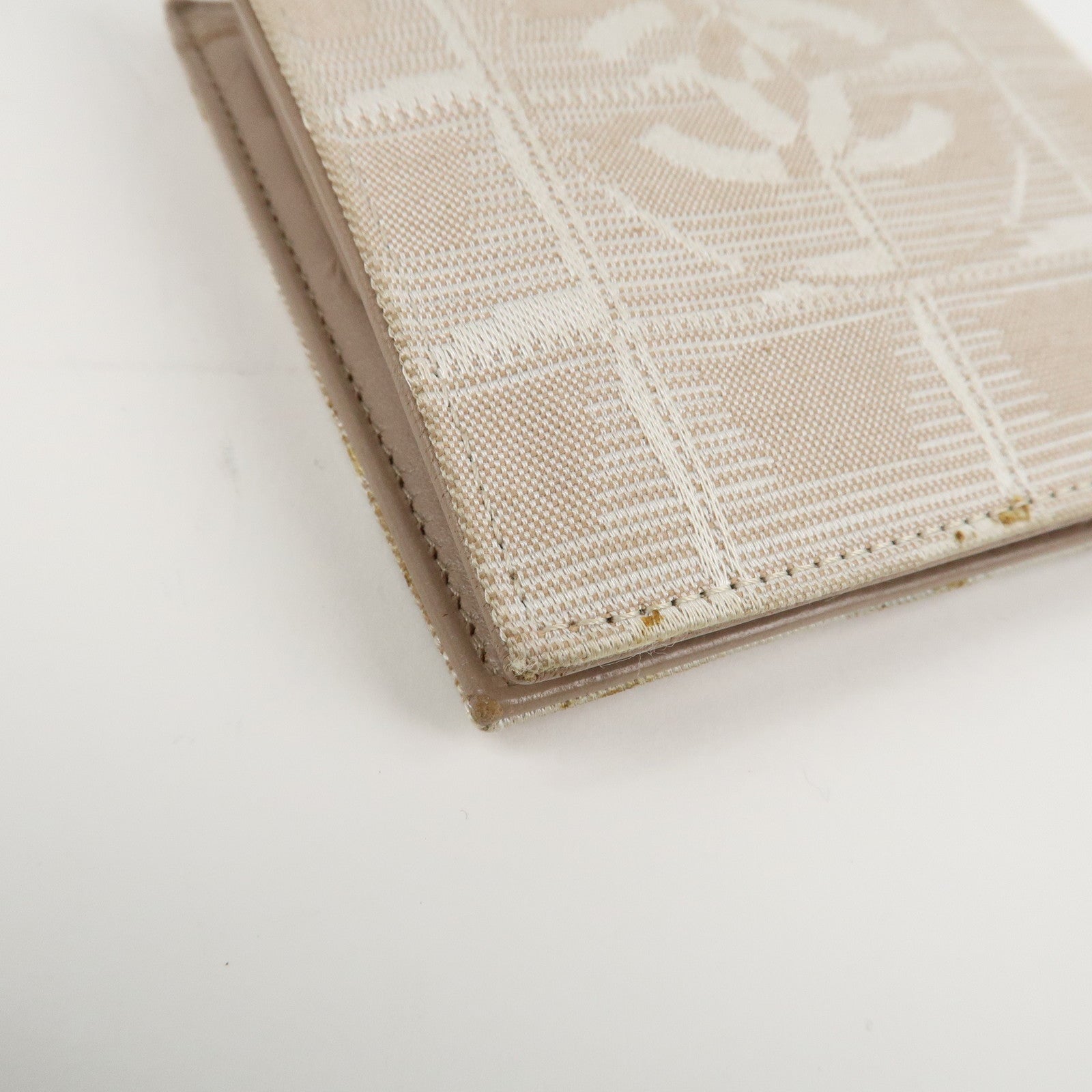 CHANEL New Travel Line Nylon Jacquard Bi-hold Compact Wallet Beige Used