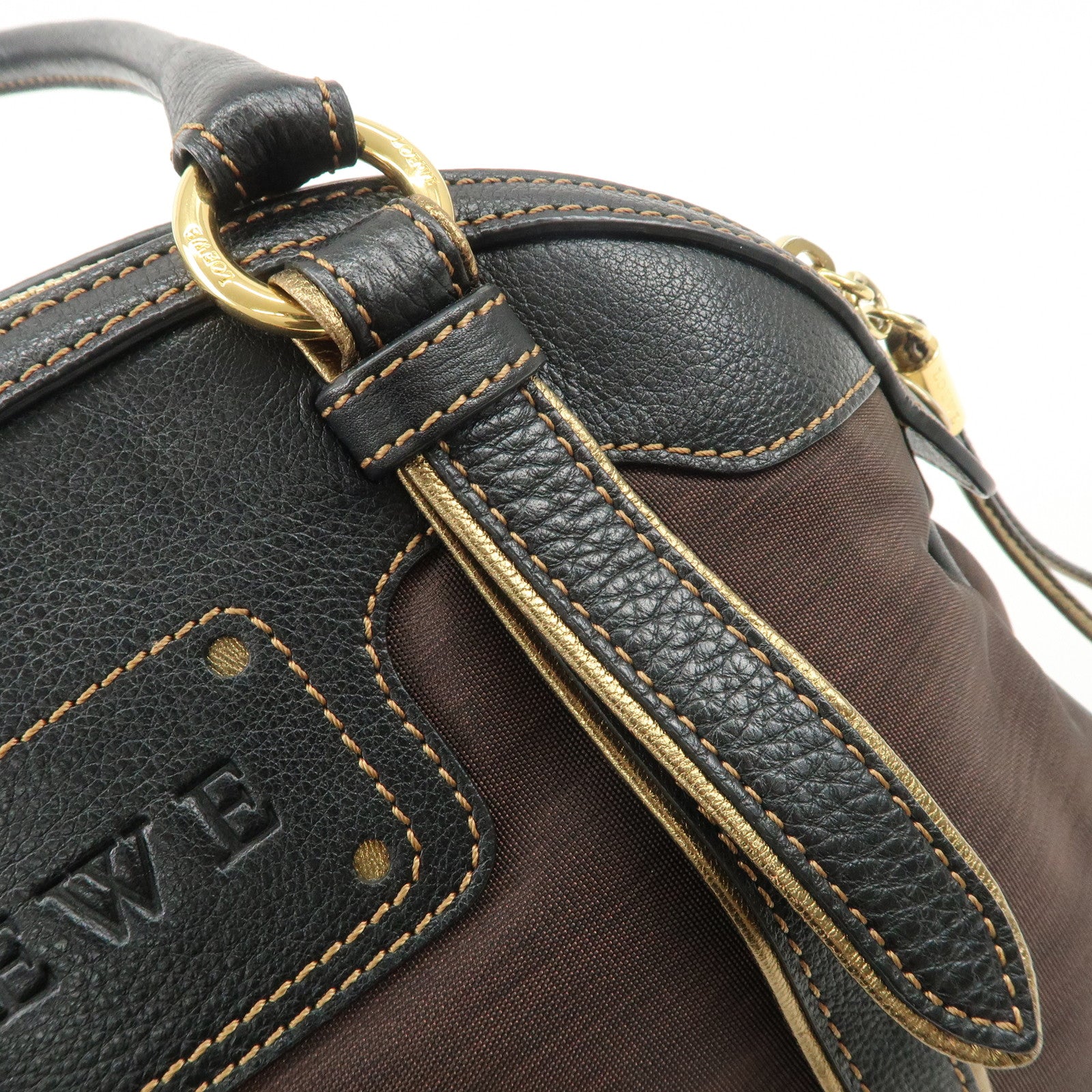 LOEWE Anagram Canvas Leather Hand Bag 340807 Brown Black Used