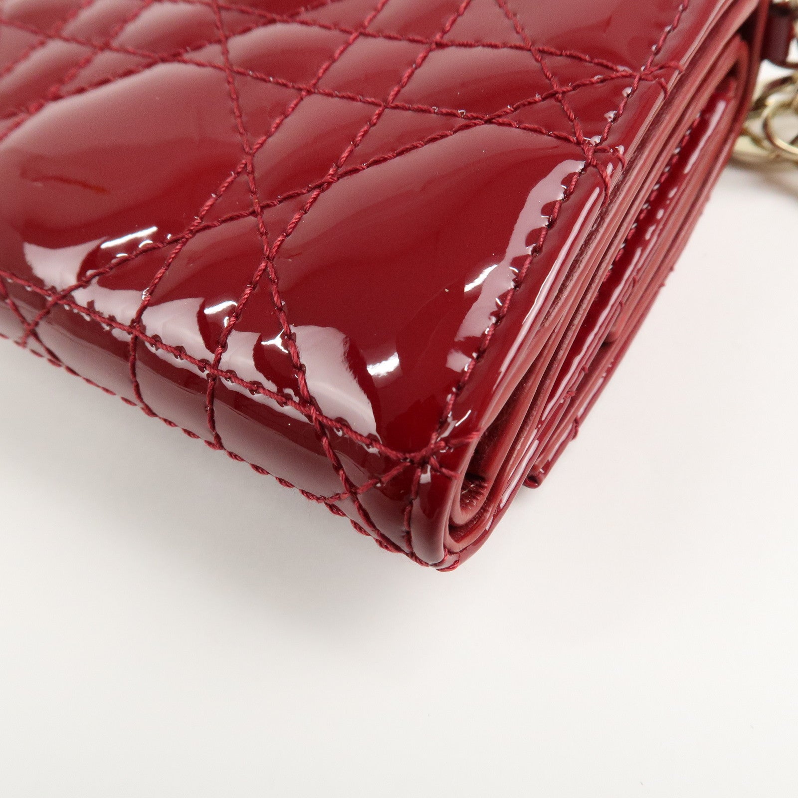 Christian Dior Cannage Lady Dior Leather Lotus Tri fold Wallet Red Used