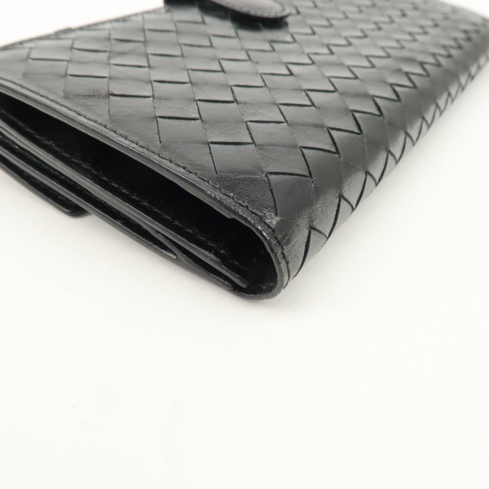 BOTTEGA VENETA Intrecciato Leather W Hook Bifold Wallet Black Used