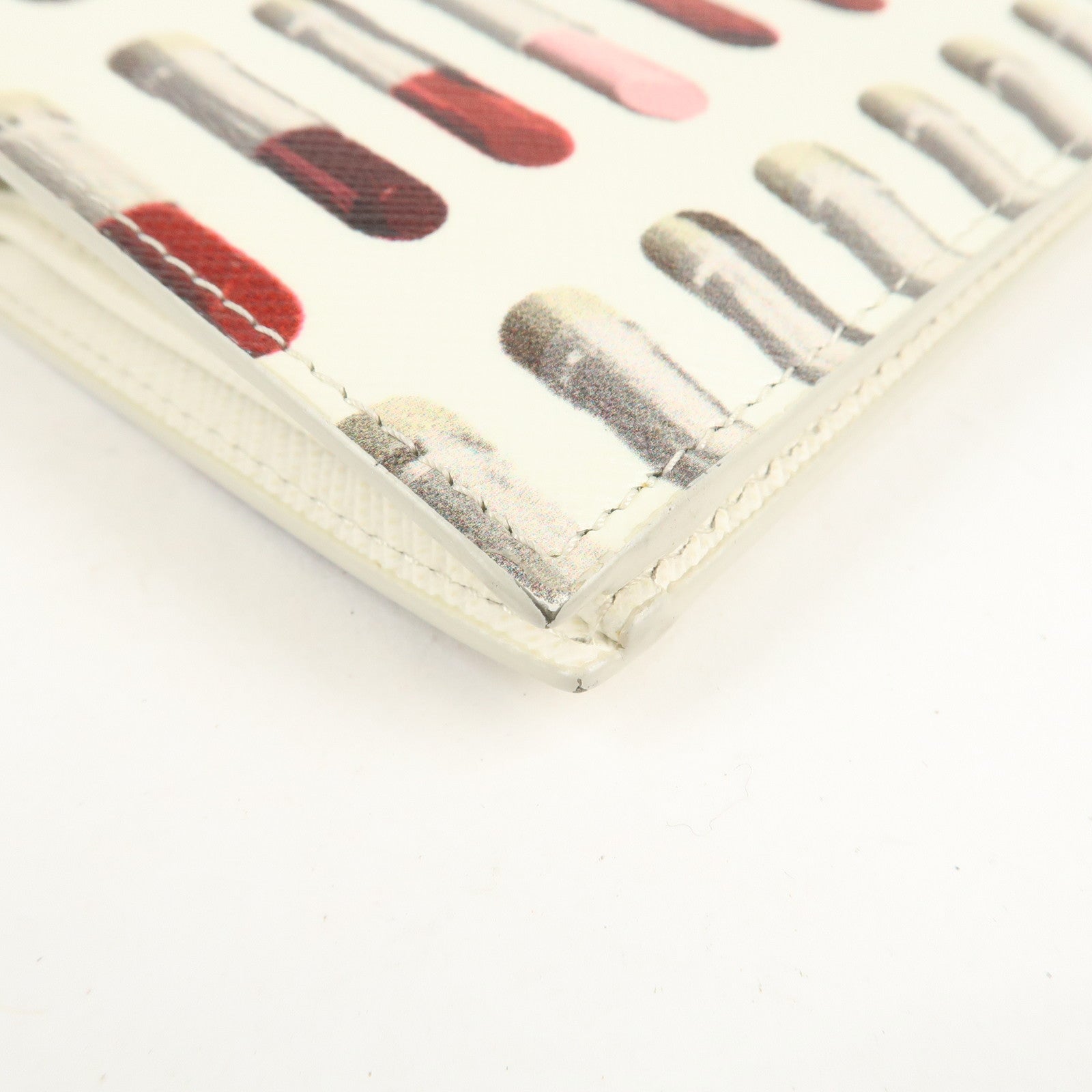 PRADA Logo Leather Lip Design Bi-Fold Wallet Ivory Used