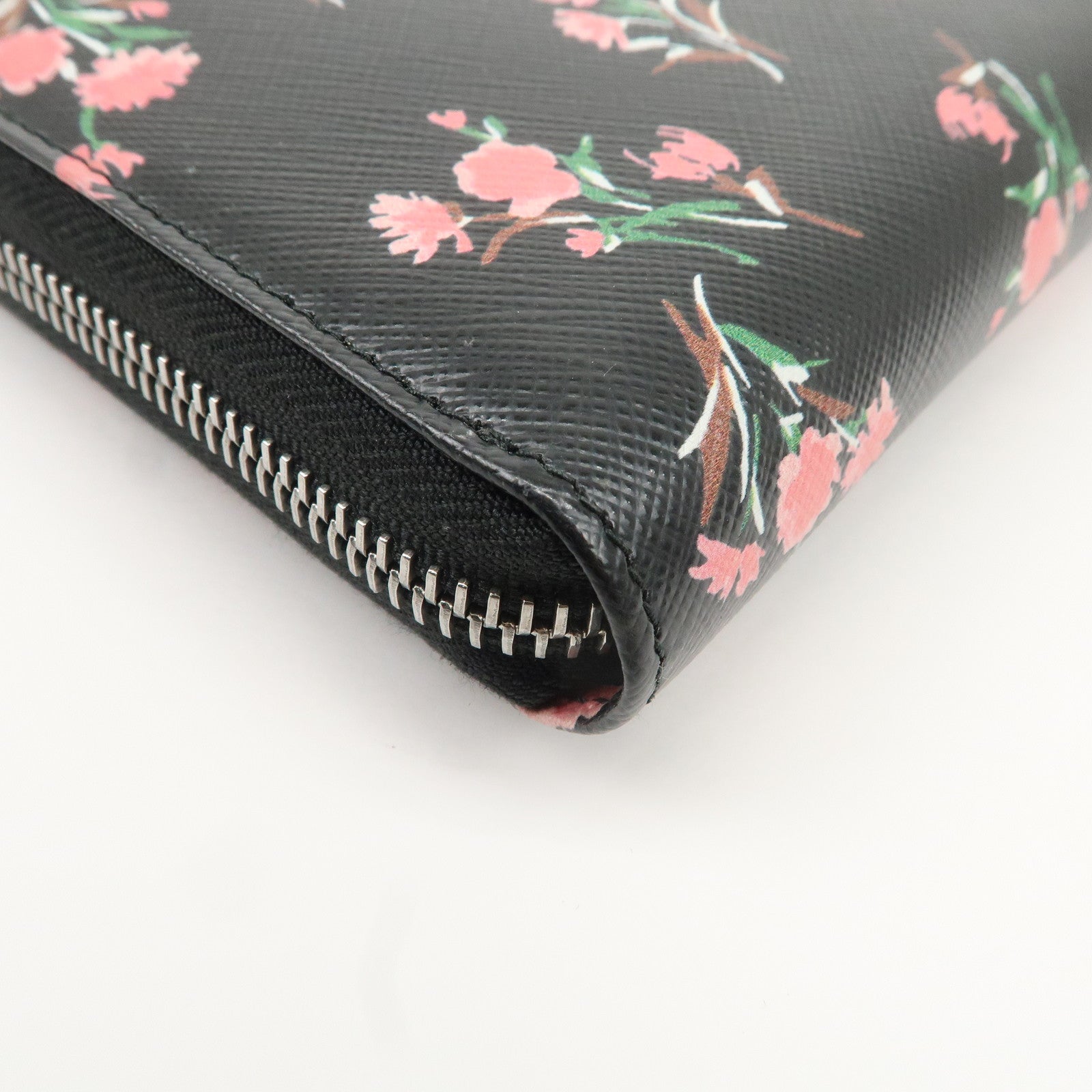 PRADA Logo Leather Round Zipper Long Wallet Flower 1ML506 Used
