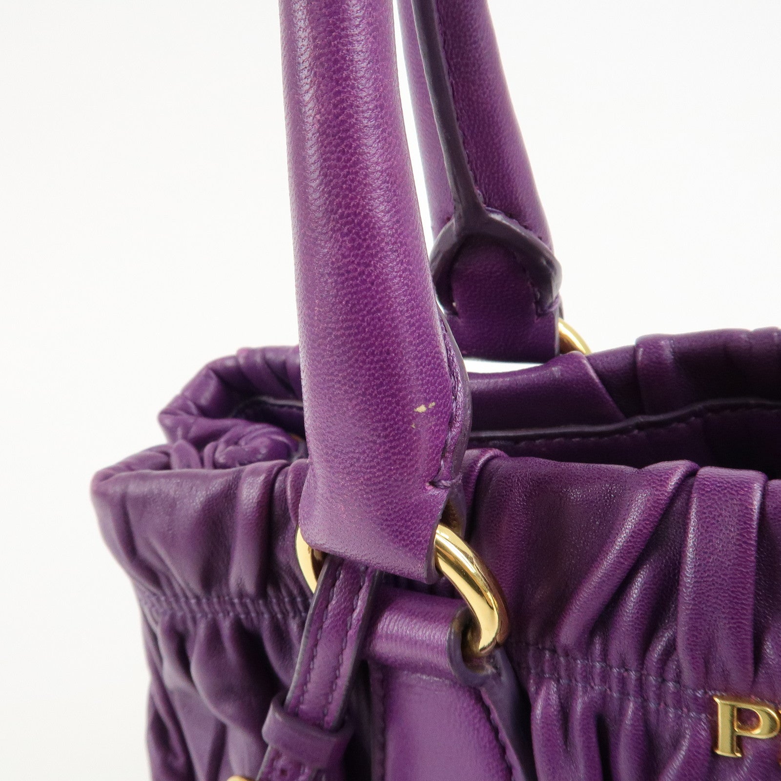 PRADA Leather Gathered Hand Bag Purple Gold Hardware BN2394 Used