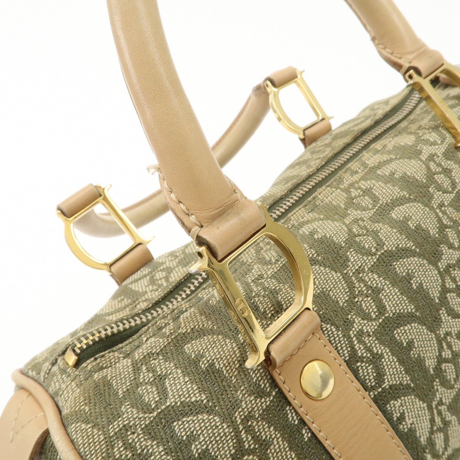 Christian Dior Trotter Canvas Leather Boston Bag White Khaki Used