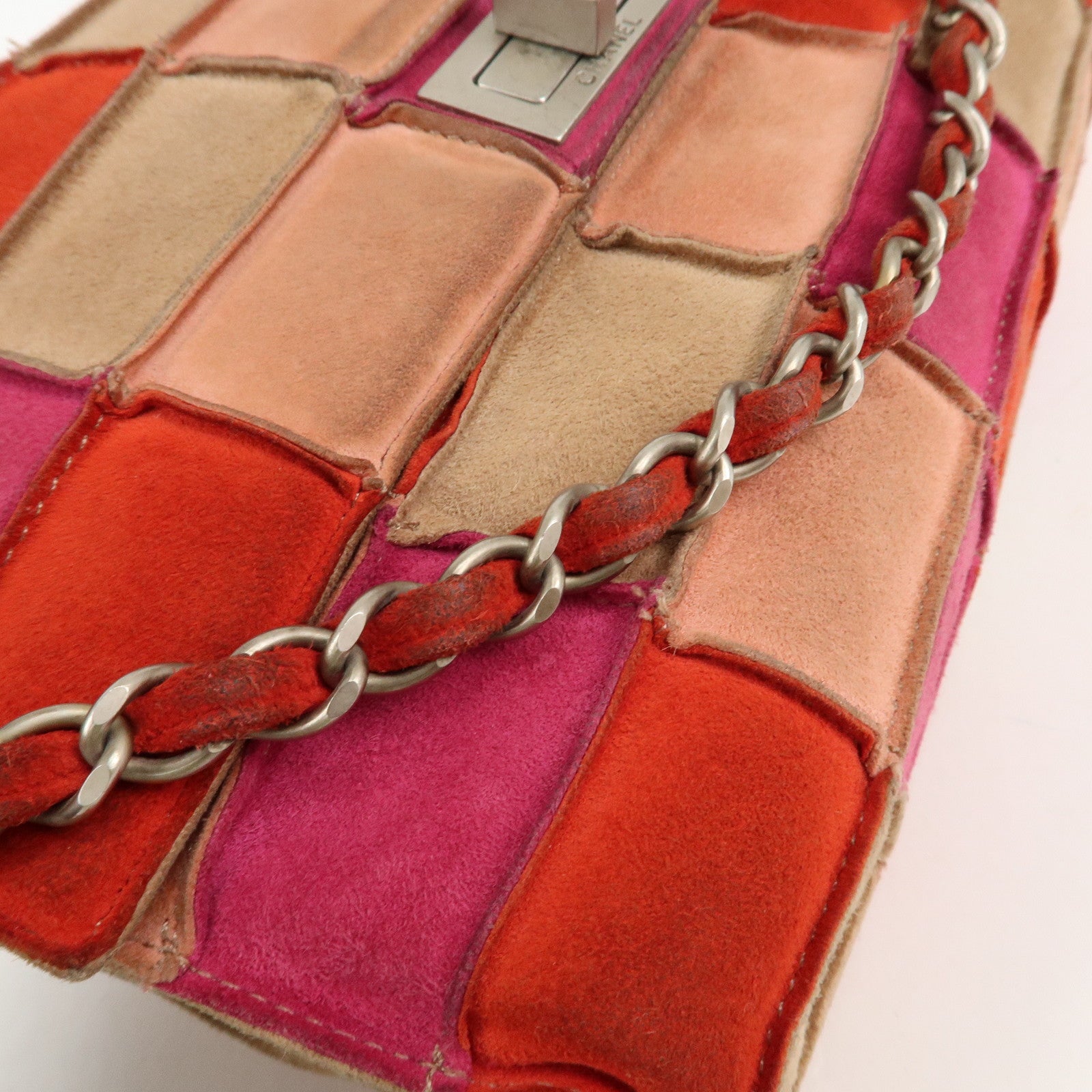 CHANEL Suede Patchwork Shoulder Bag Pink Beige Red Used