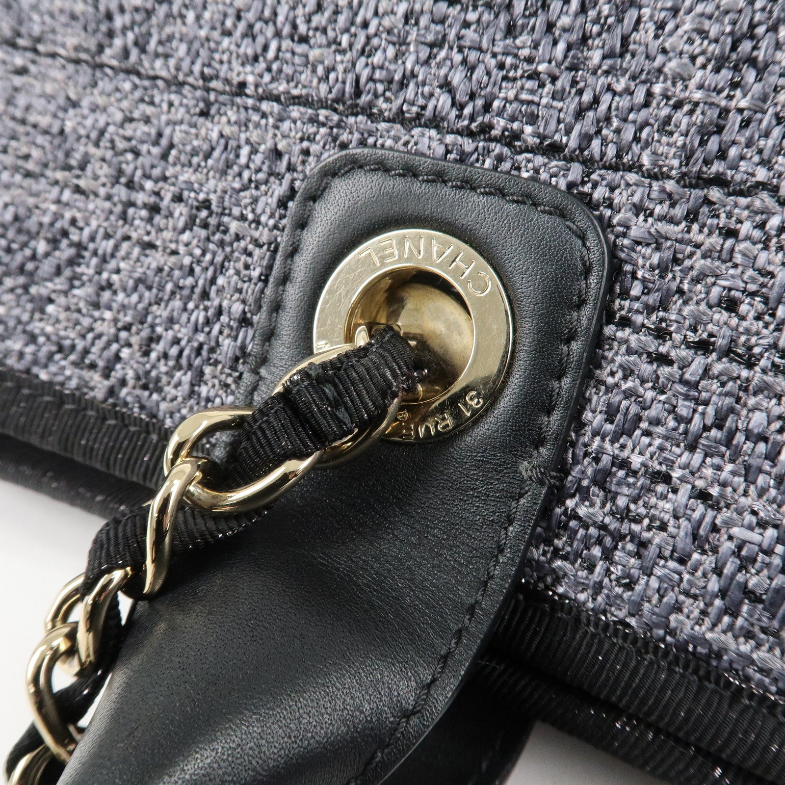 CHANEL Deauville Raffia Leather Chain Tote Bag GM A66941 Navy Used
