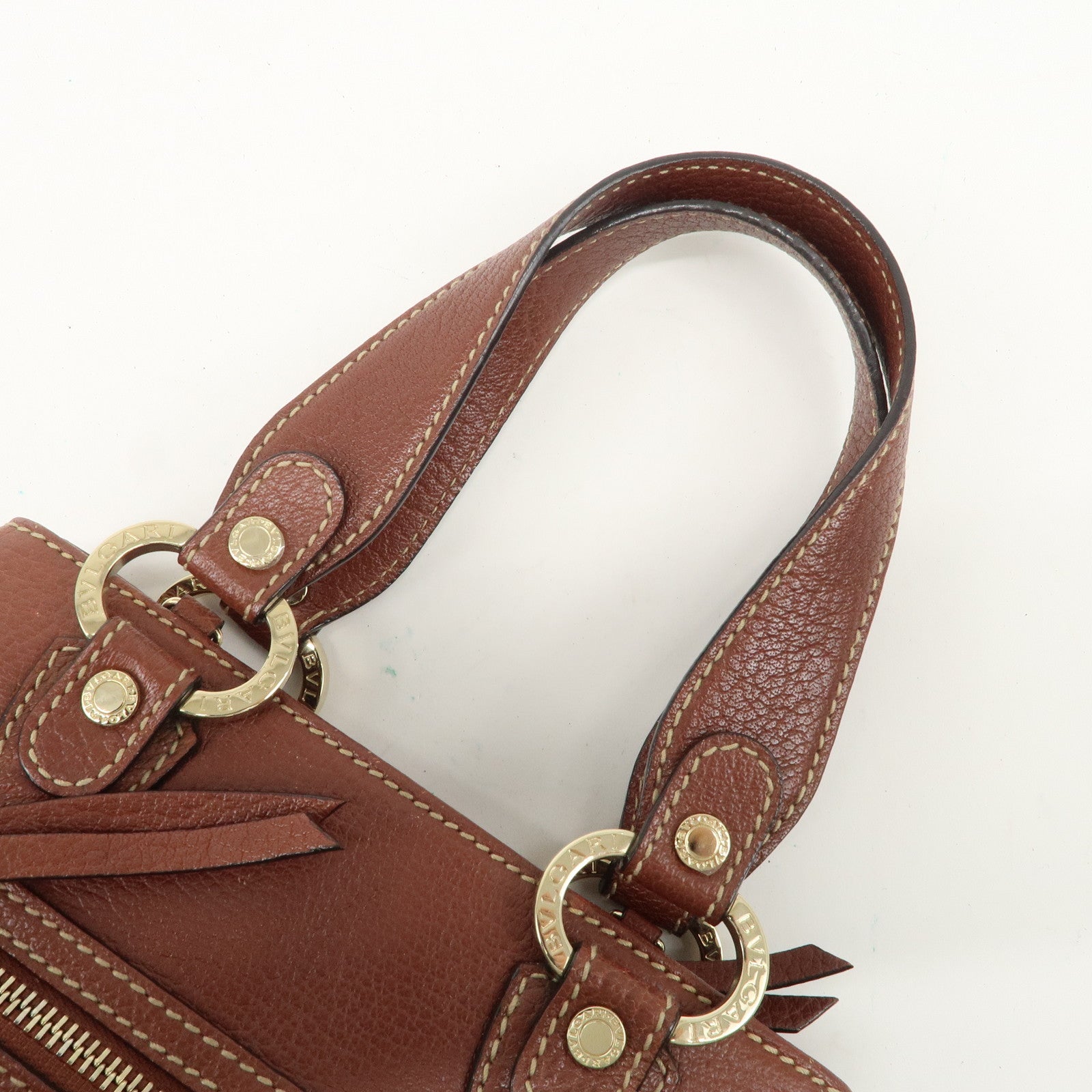 BVLGARI Leather Front Pocket Hand Bag Tote Bag Brown Used