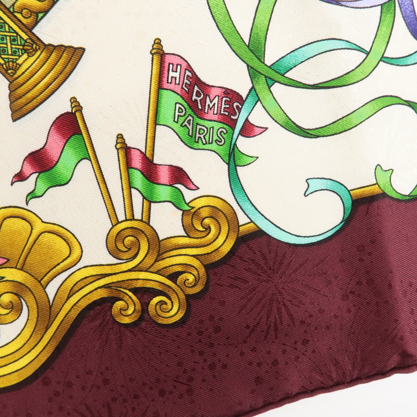 HERMES Carre 90 Silk 100% Scarf LUNA PARK Wine Red White Yellow Used