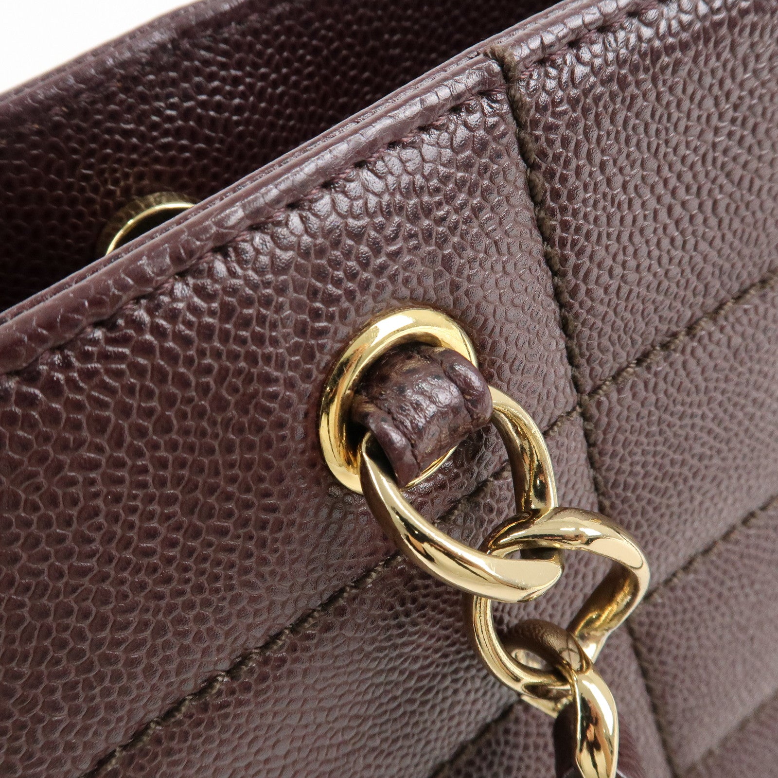 CHANEL Chocolate Bar Caviar Skin Chain Shoulder Bag Wine Gold Used