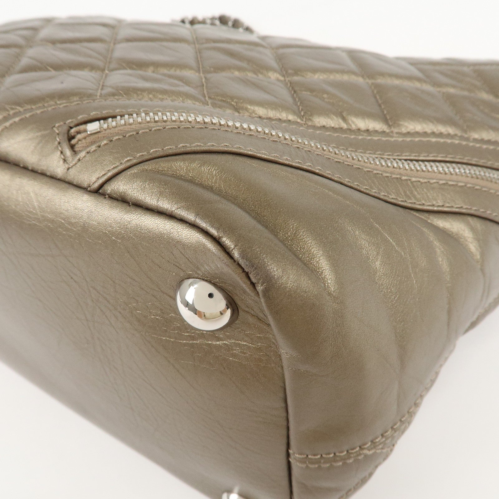 CHANEL Cambon Line Lamb Skin Cotton Club Hand Bag Bronze A34318 Used