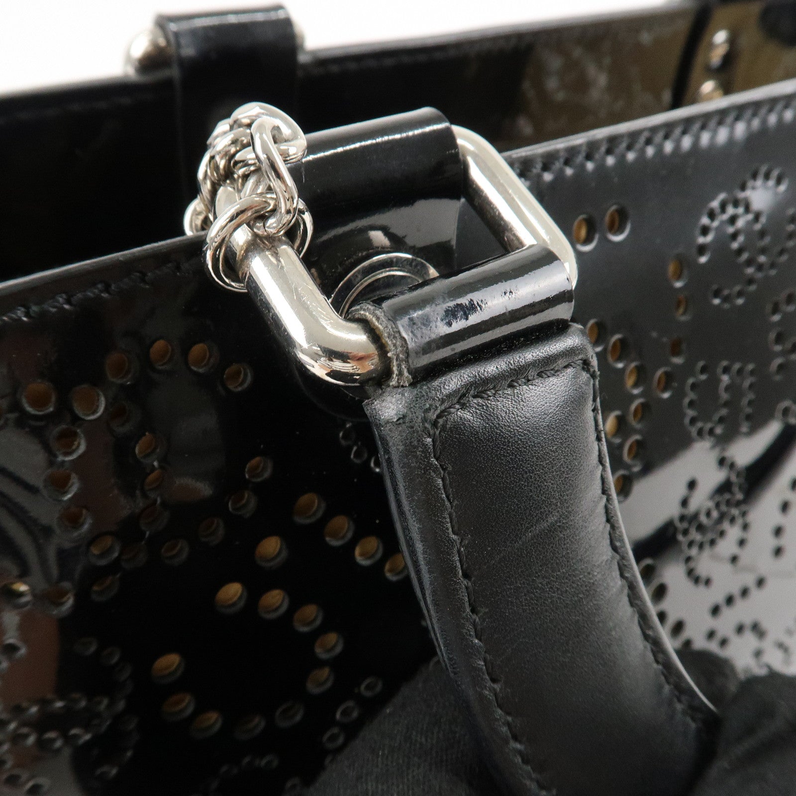 CHANEL COCO Mark No.5 Patent Leather Punching Hand Bag Black Used